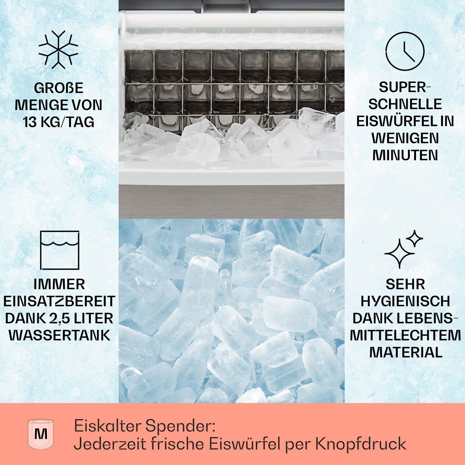 Klarstein Eiswürfelmaschine Clearcube Eiswürfelmaschine Klareis 13 kg/24h Edelstahl schwarz R600a, Eiswürfelbereiter Ice Cube Maker mit Edelstahl-Look durchsichtig