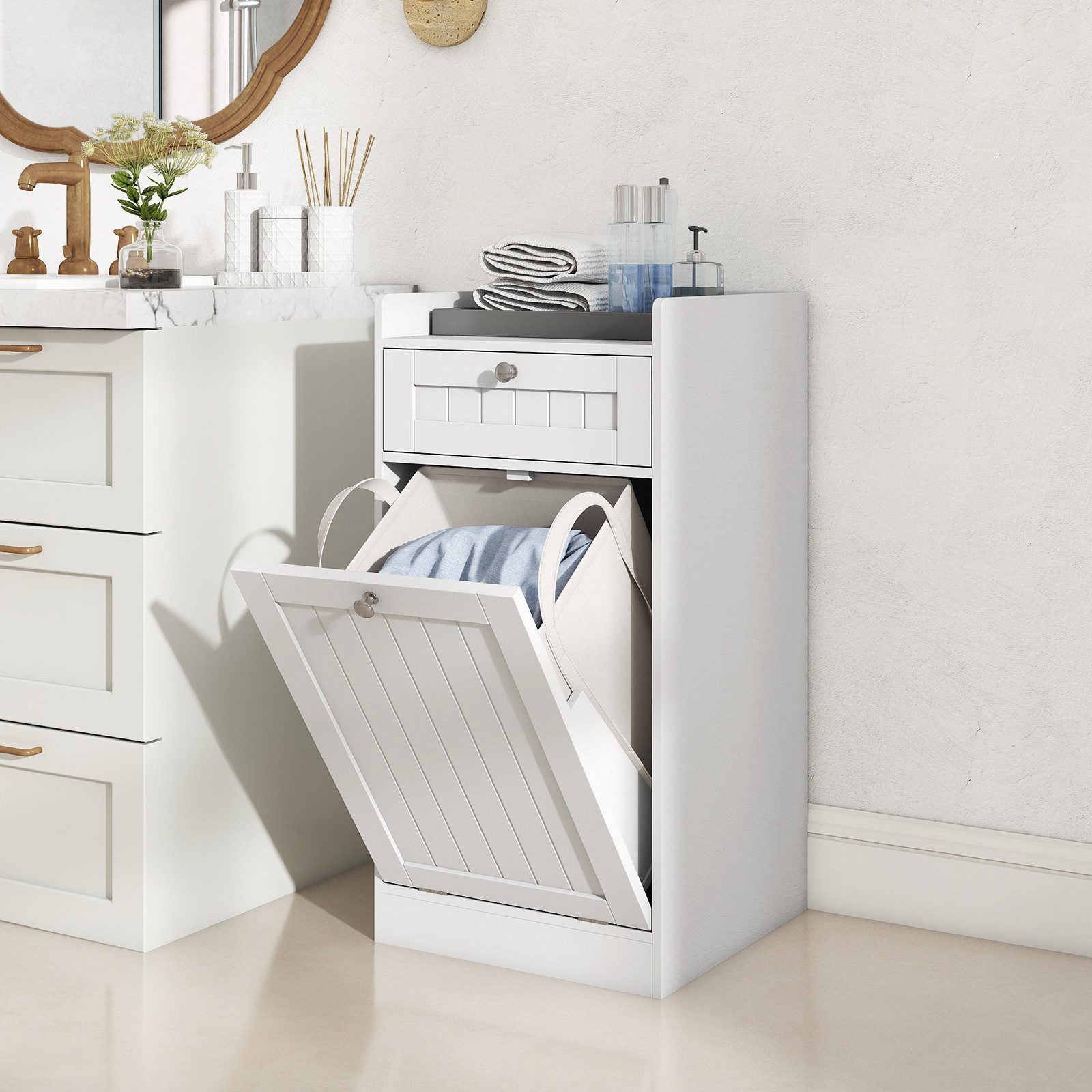 COSTWAY Wäscheschrank Kippbar Badezimmerschrank mit Schublade & Wäschesack, weiß