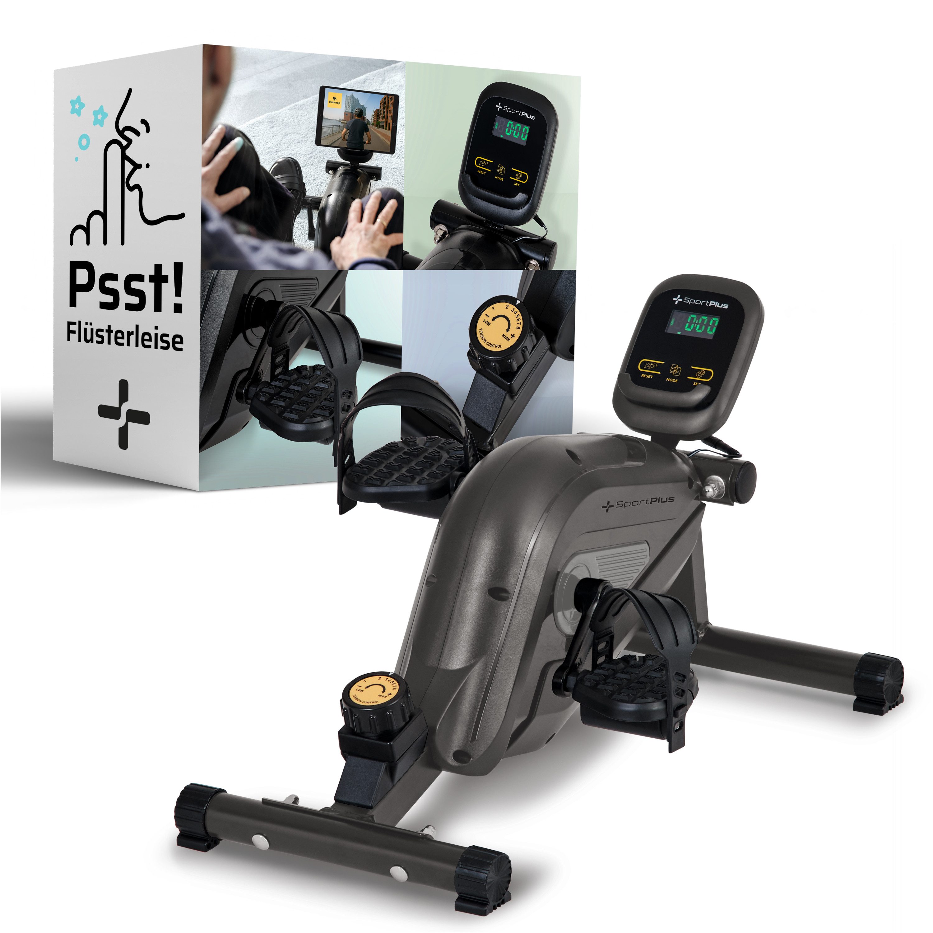 SportPlus Heimtrainer SP-HT-0100-G-iE, Mini-Beintrainer für Ausdauertraining am Schreibtisch, grau