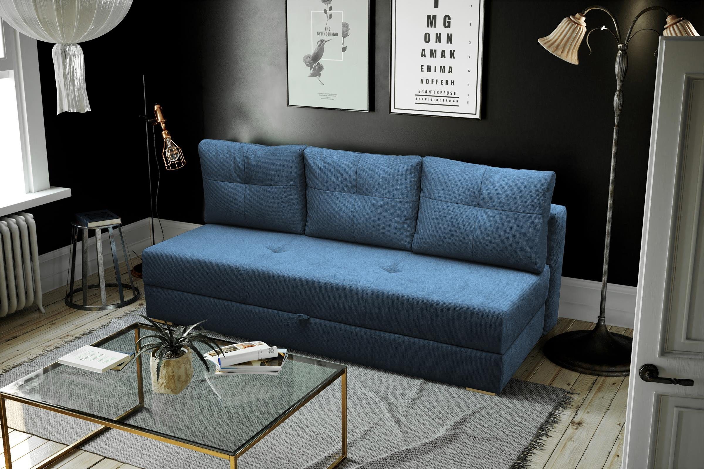 Beautysofa 3-Sitzer Dafne, mit Bettkasten, Schlaffunktion, Couch, Schlafsofa, Sofa blau