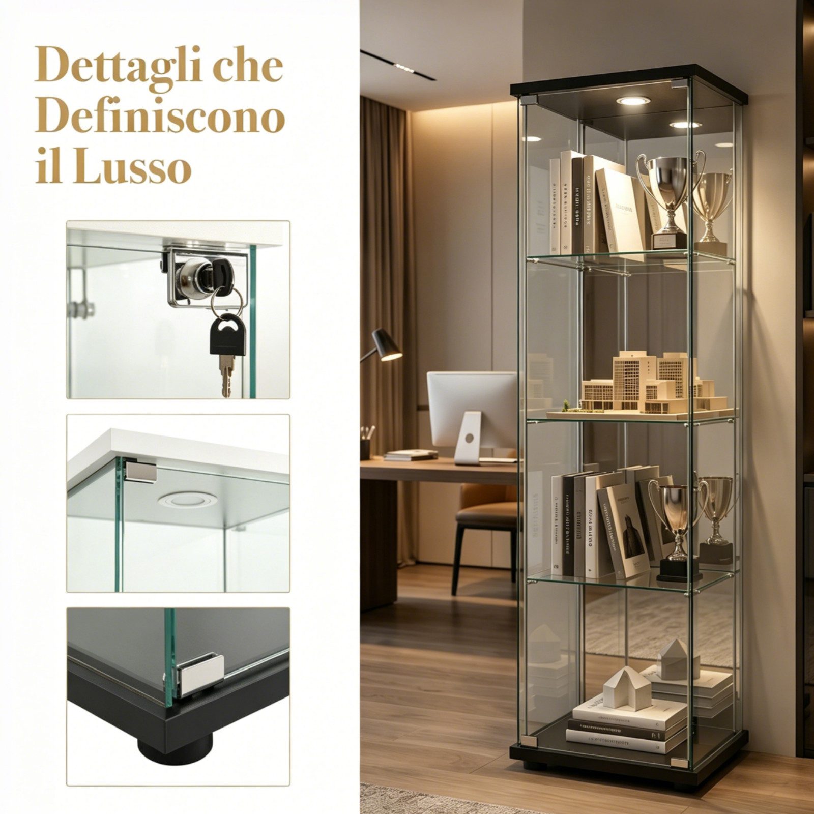 Simurq Glasvitrine mit LED Beleuchtung Standvitrine mit Glastür,Eckvitrine Glas (1-2 Packungen, Vitrinenschrank mit 1 türen,Schloss) Glas vitrine aus Gehärtetes – Bild 4 von 5