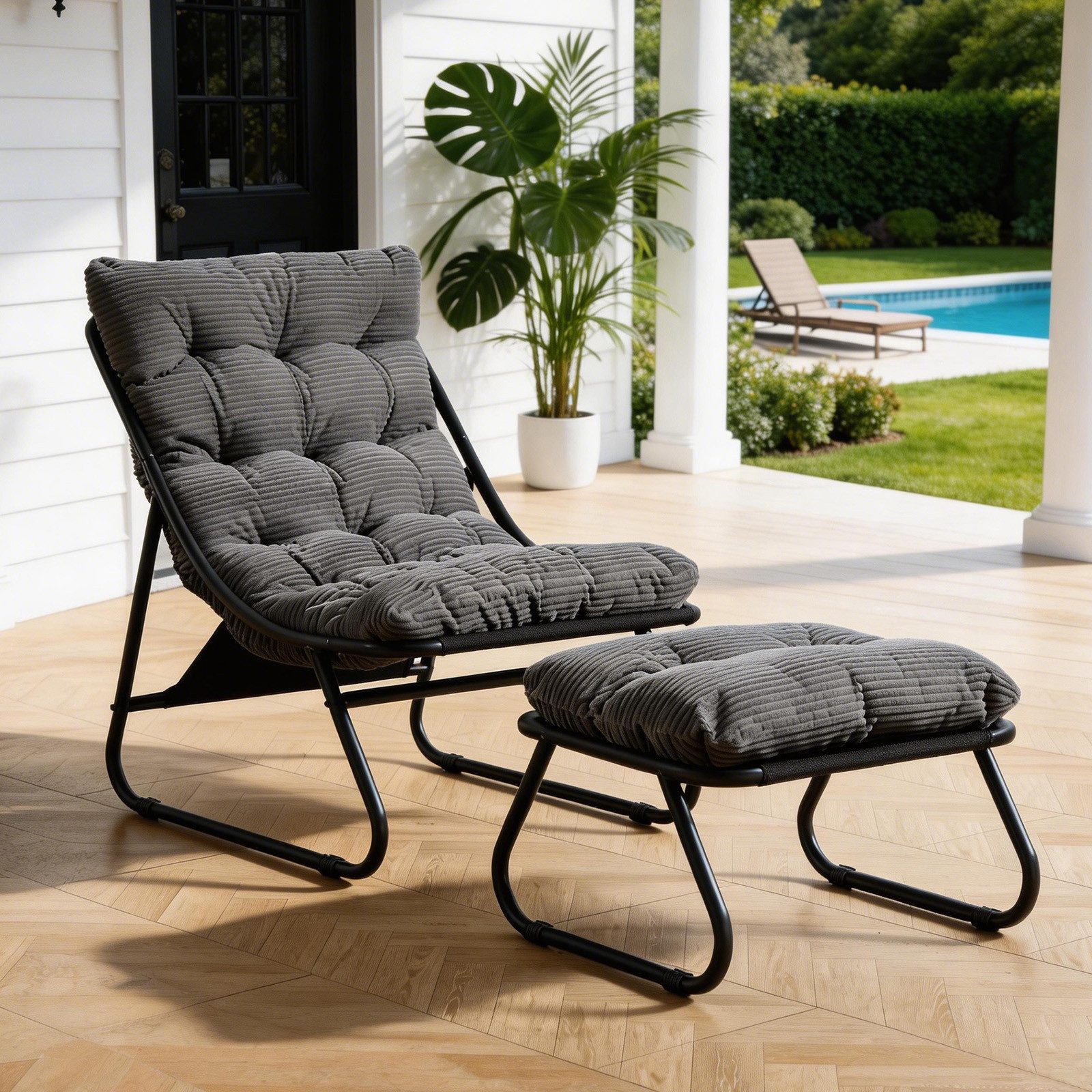 LVHOM Loungesessel mit Hocker, wasserdichtem Stahlrahmen, ergonomisch, für In-/Outdoor (Relaxsessel, bequeme Sitzfläche, Hocker als temporärer Sitz/Schuhwechselbank, rutschfestes Design, rostfreier Metallrahmen, Tragfähigkeit 130 kg), für Garten, Balkon, Wohnzimmer, Schlafzimmer, Arbeitszimmer, Innenhöfe