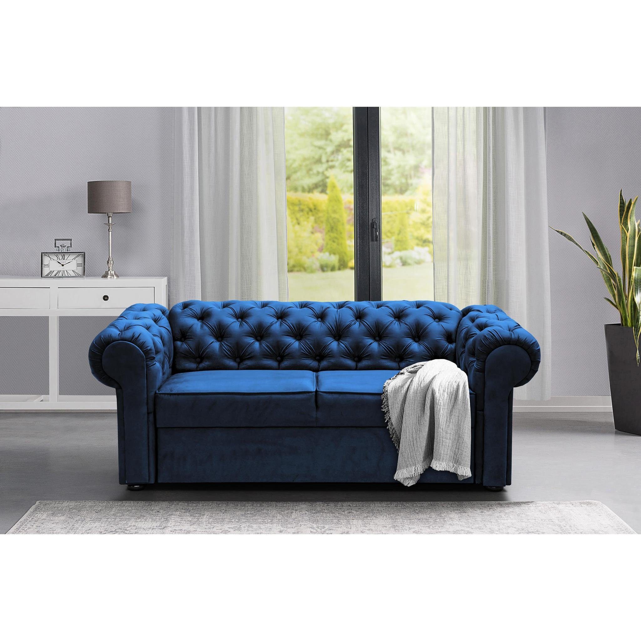 Beautysofa 2-Sitzer Chester, Polstersofa im Chesterfield Stil, Zweisitzer Sofa aus Velours, inklusive Wellenunterfederung Marineblau (kronos 09)