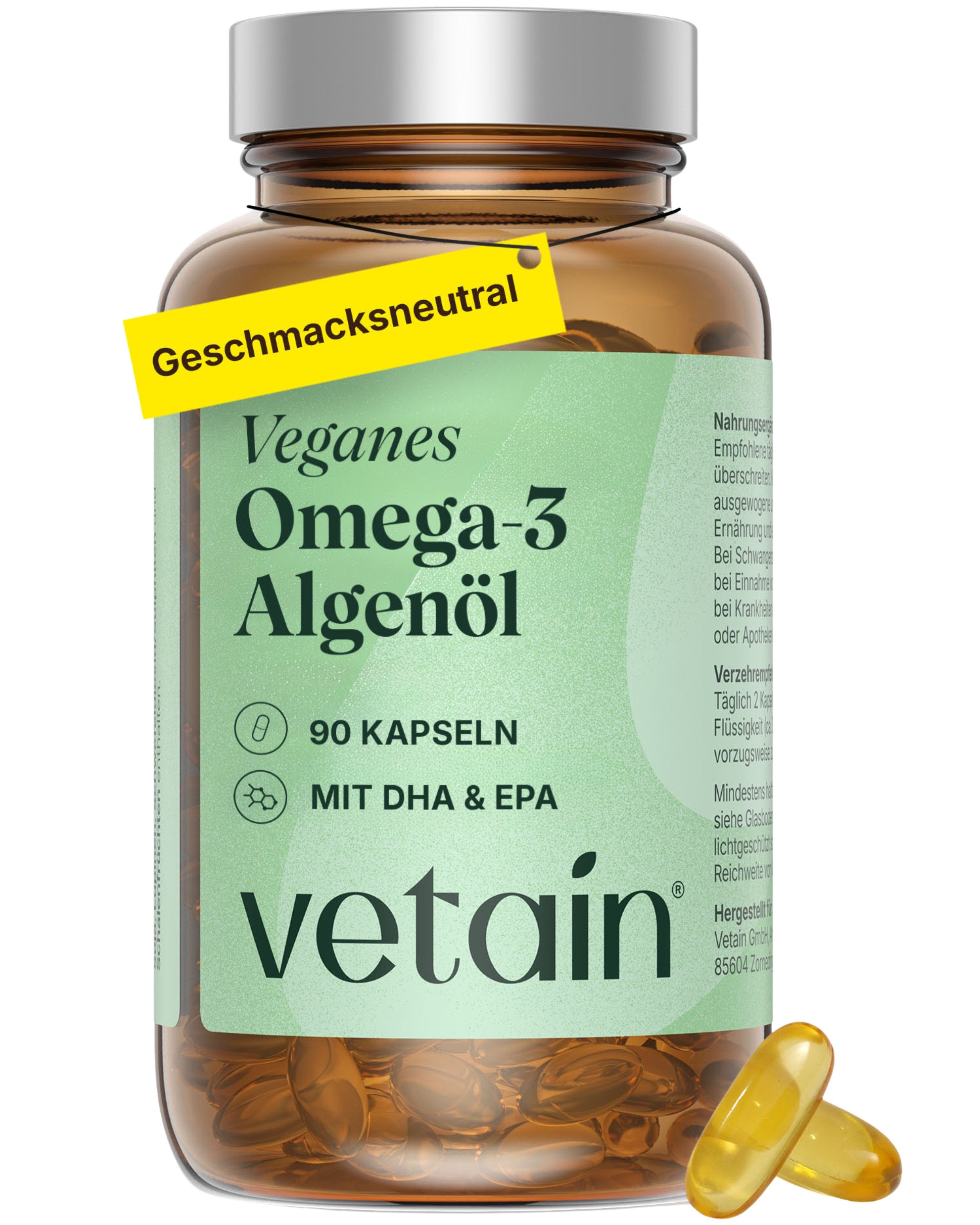 VETAIN Omega 3 Vegan mit EPA und DHA - 90 Kapseln - Aus Algenöl Kapseln, Niedriger TOTOX-Wert, in Triglycerid-Form für eine bessere Aufnahme