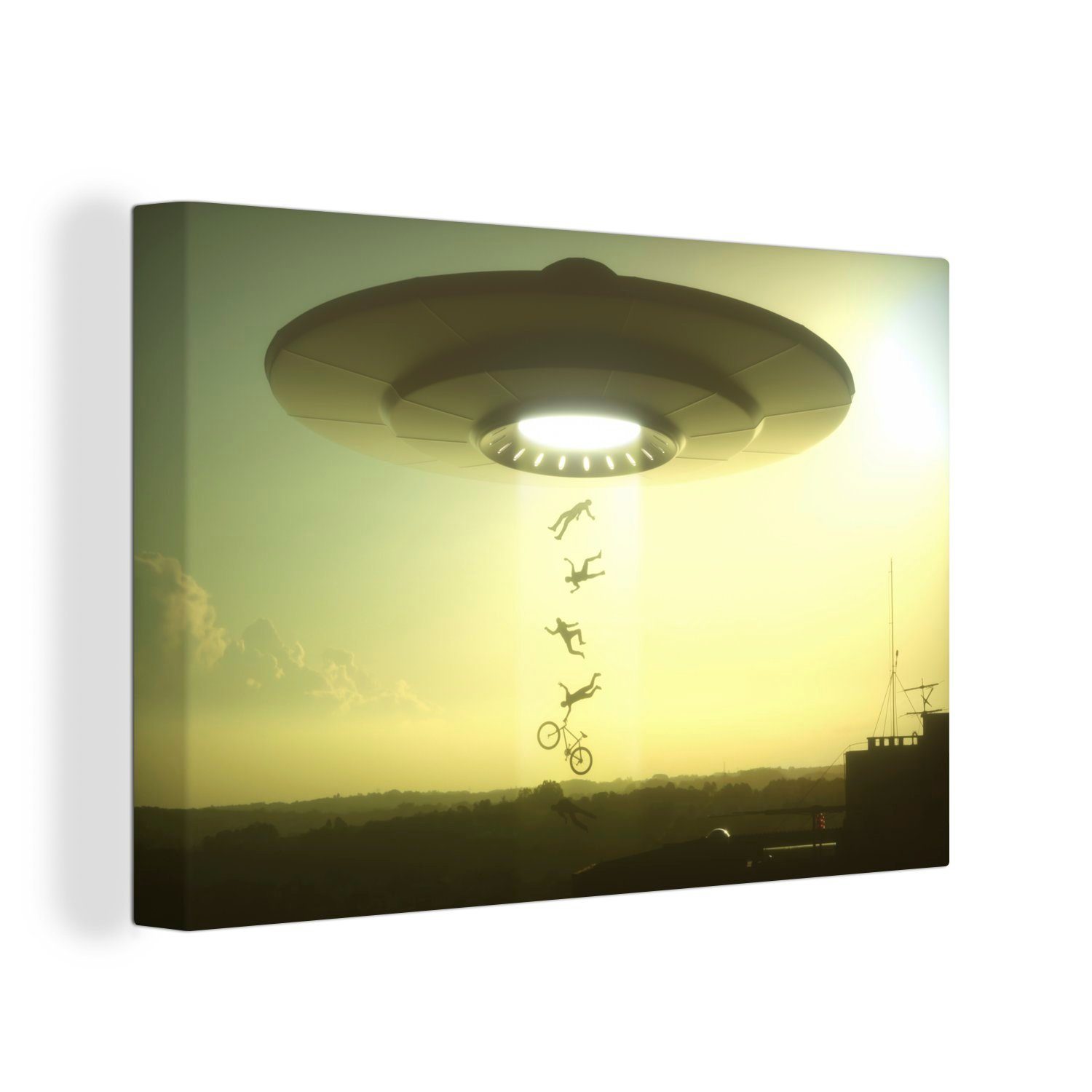 OneMillionCanvasses® Leinwandbild Eine Illustration eines UFOs, das Menschen entführt - Jungen - Mädchen, (1 St), Wandbild Leinwandbilder, Aufhängefertig, Wanddeko, 30x20 cm