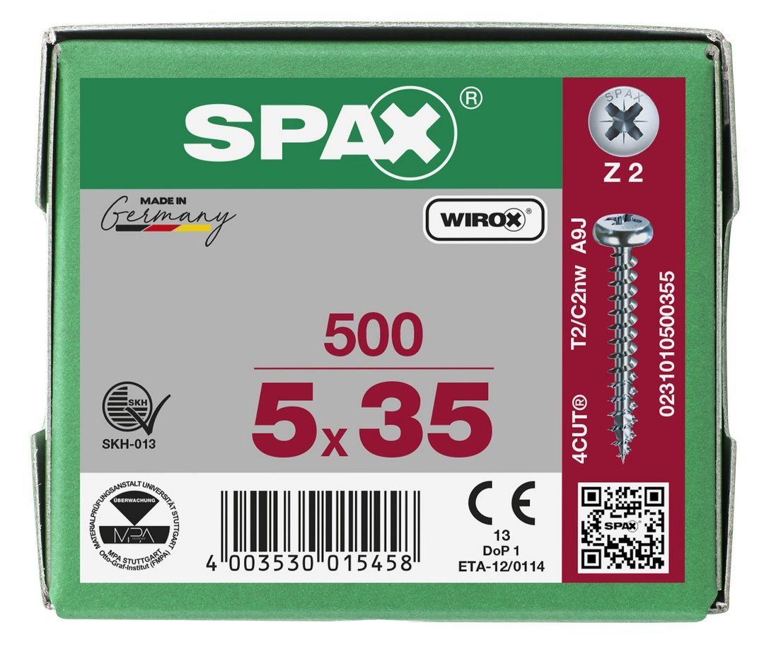 SPAX St), 500 weiß verzinkt, (Stahl Spanplattenschraube 5x35 mm Universalschraube,
