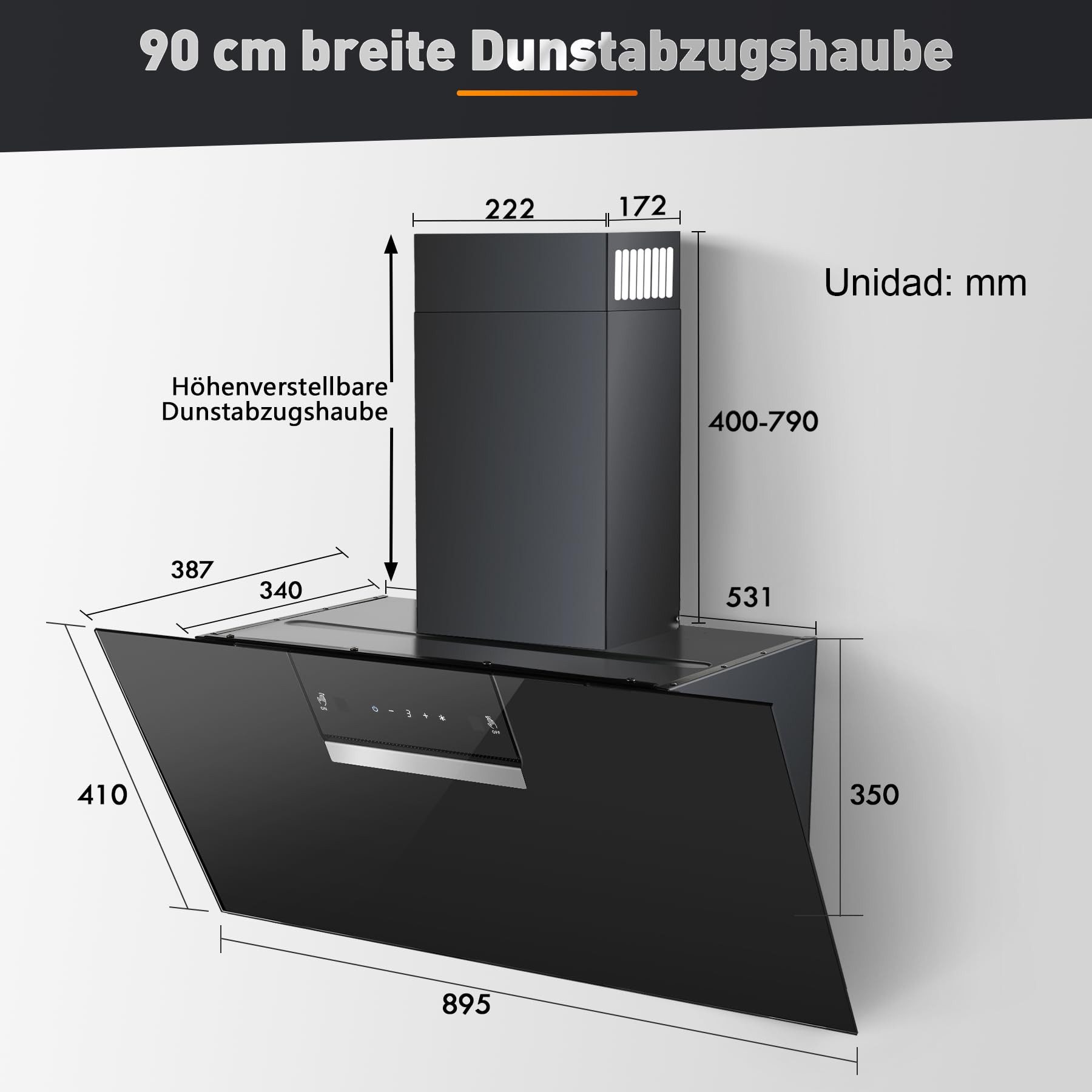 SNDOAS Kopffreihaube Dunstabzugshaube 90cm, A+++ Energieeffizienzklasse, 800 m³/h Saugkraft 3 Stufen + Booster, Touch & Gestensteuerung, Aktivkohlefilter, A+++ – Bild 2 von 5