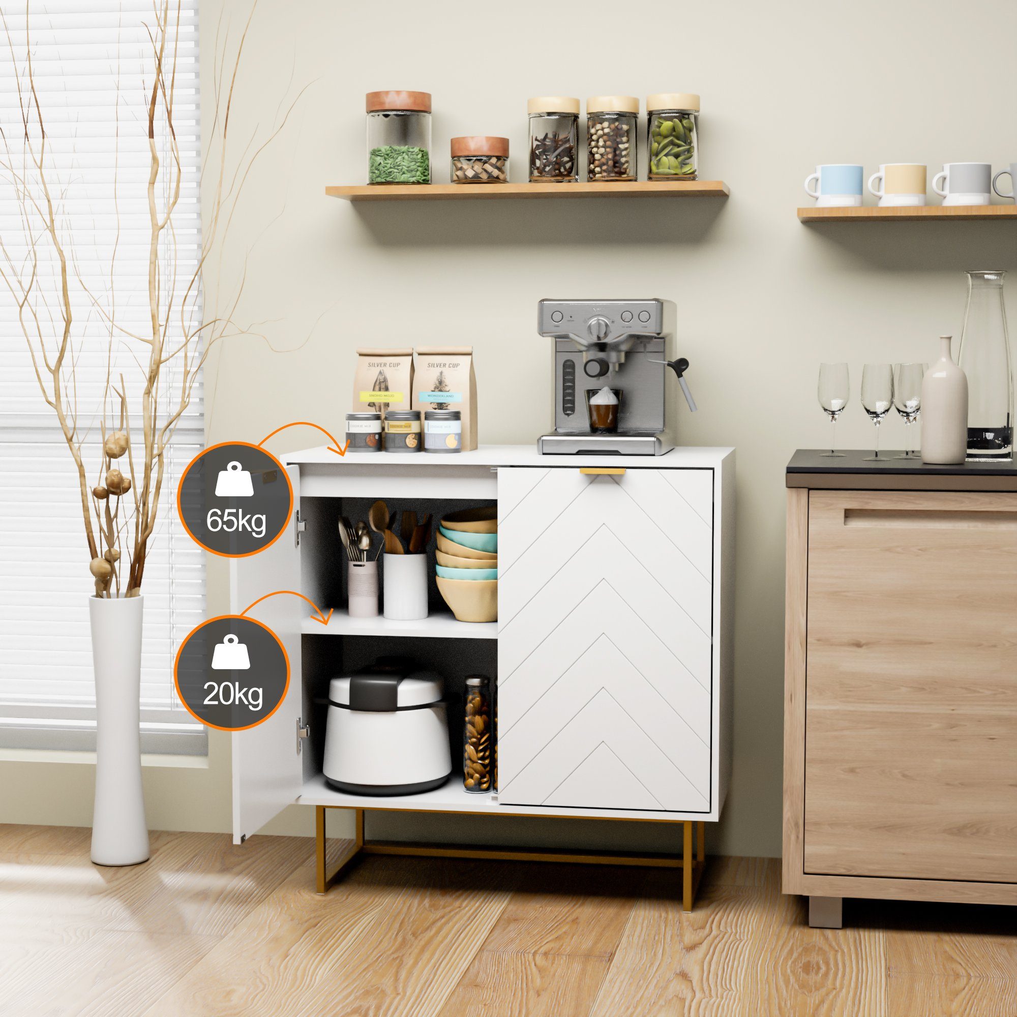 UEV Sideboard Kommode mit 2 Türen & Verstellbaren Ablagen & Metallfüße 80x40x77,5cm (mit Kippschutz), Küchenschrank Mehrzweckschrank für Flur Wohnzimmer Schlafz – Bild 5 von 5