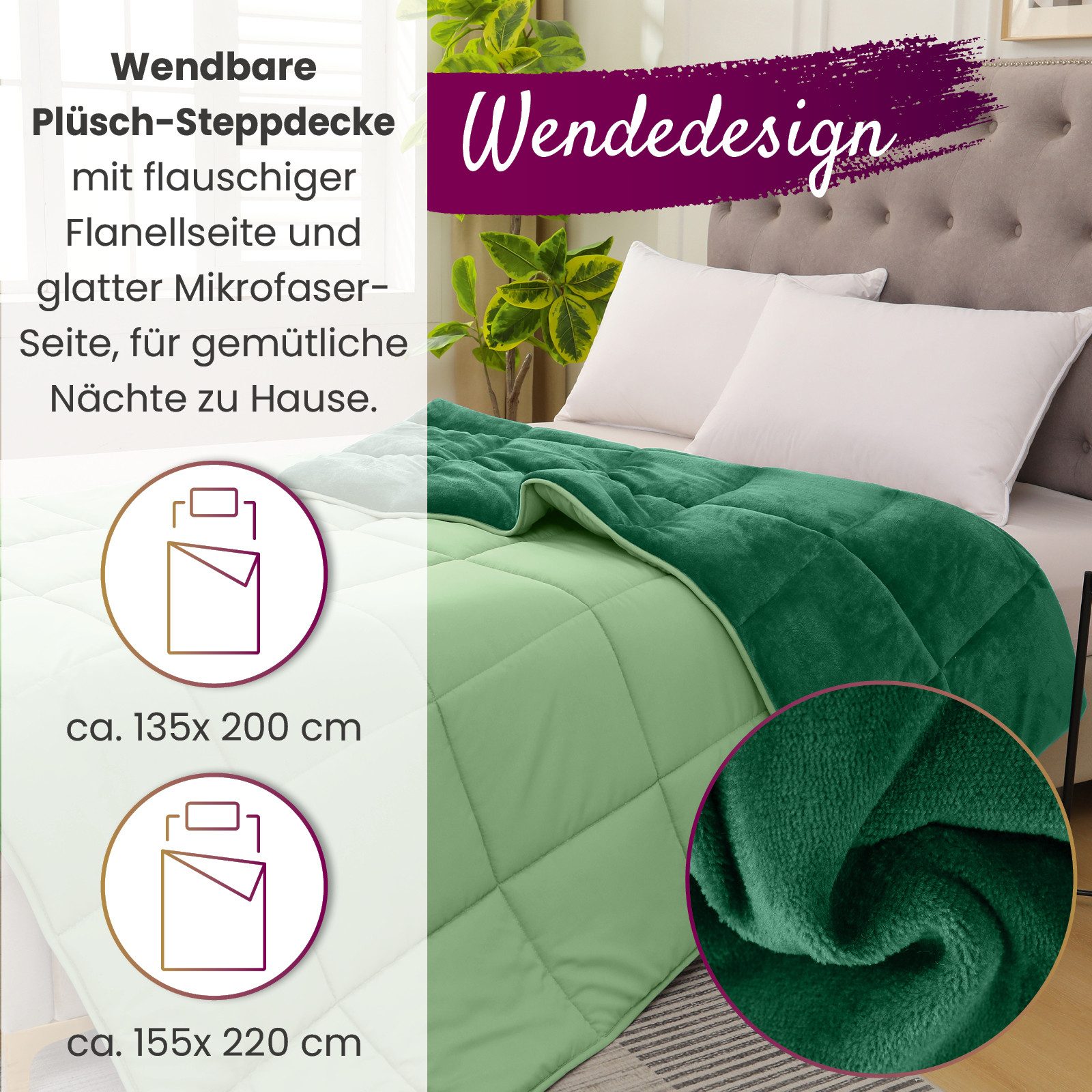 wometo Microfaserbettdecke Plüsch Steppbett Bi-Color 155x220 cm, Füllung: Kunstfaser, OEKO-TEX®, gesteppte Bettdecke mit flauschiger Flanellseite