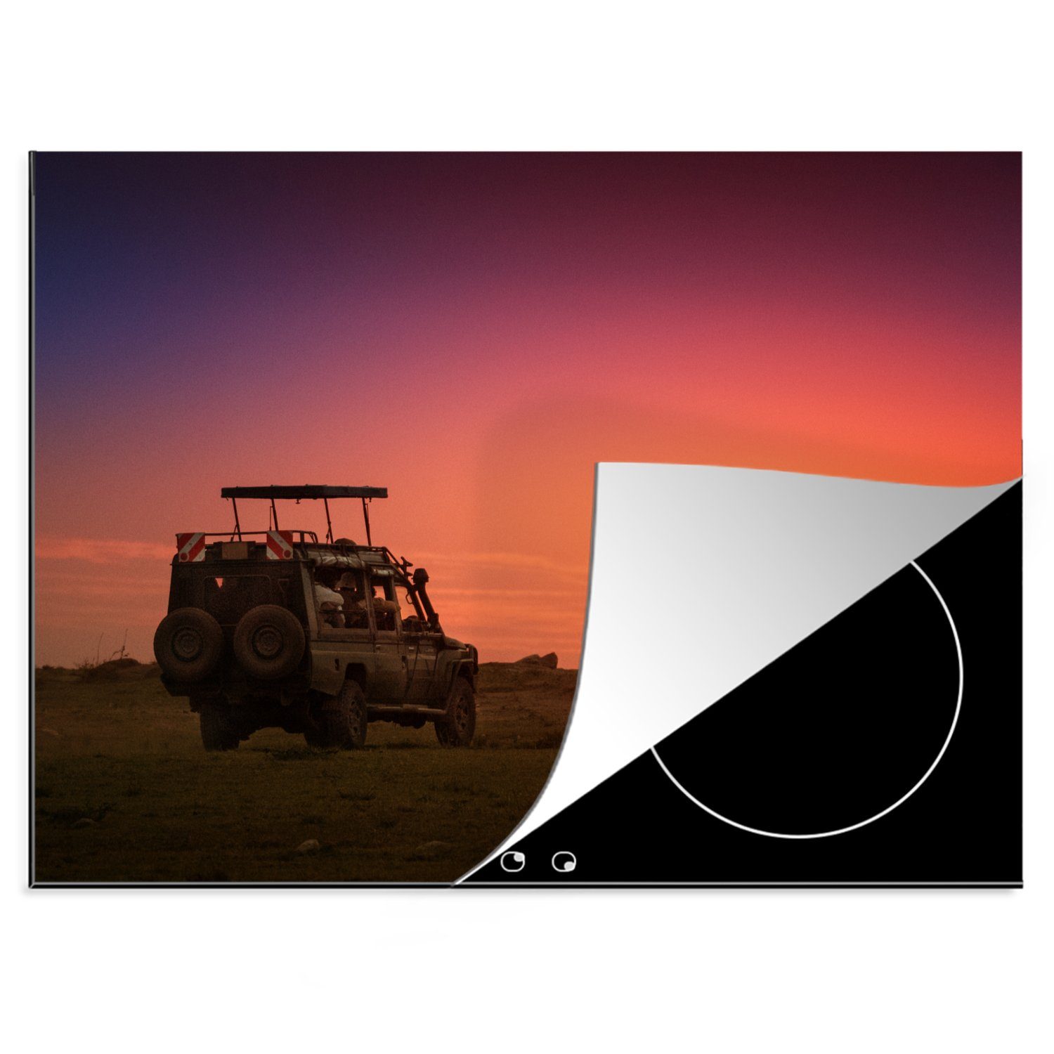 MuchoWow Herdblende-/Abdeckplatte Jeepfahrt über die Steppe von Kenia mit untergehender Sonne, Vinyl, (1 tlg), 70x52 cm, Mobile Arbeitsfläche nutzbar, Ceranfeldabdeckung