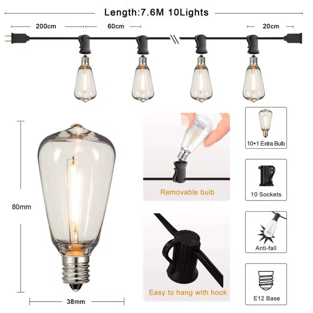 Athlix LED-Lichterkette ST38 LED-Lichterkette für den Außenbereich, dimmbar, wasserdicht, bruchsicher, sicheres Handling