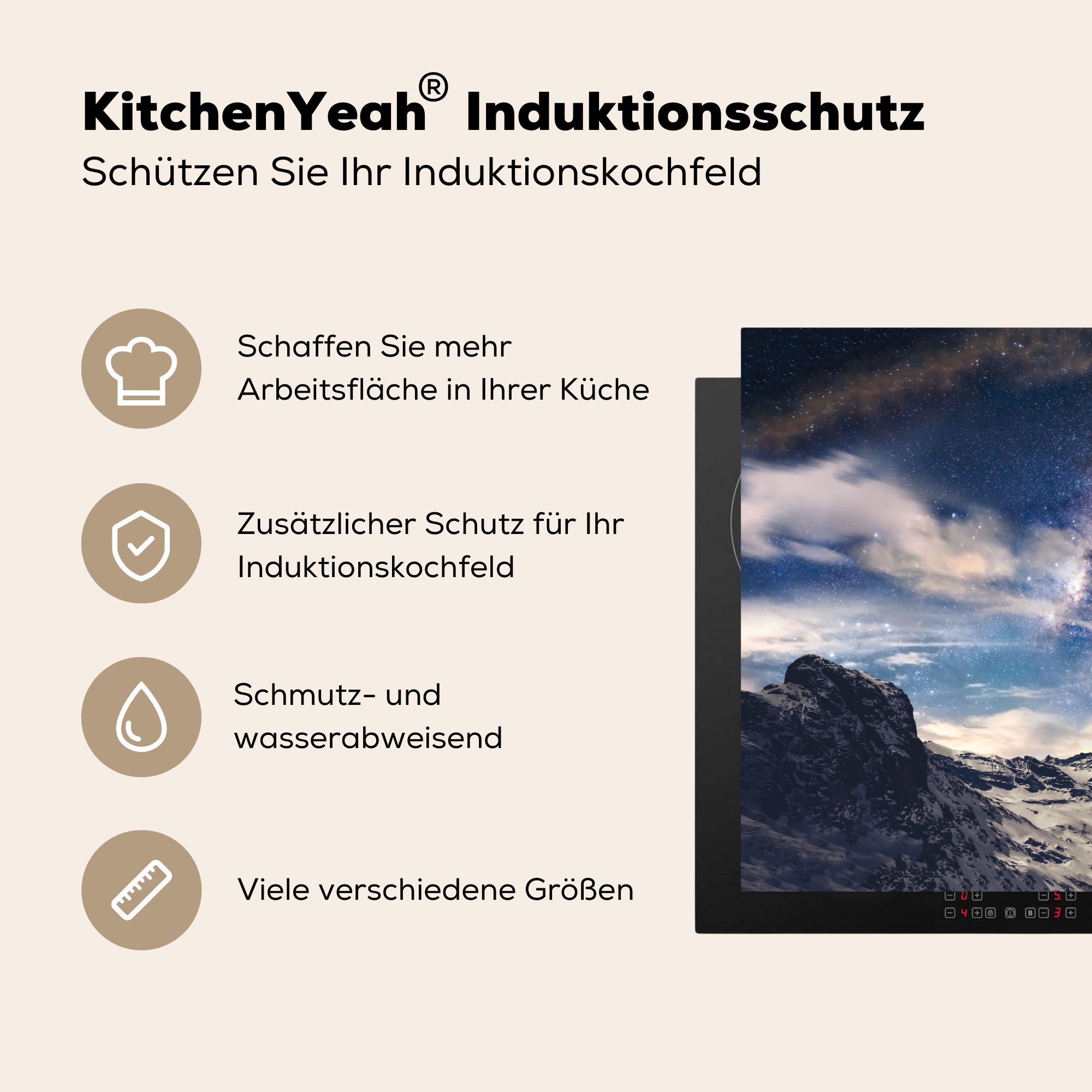 küche, Winter, in Schutz Vinyl, (1 tlg), im cm, Herdblende-/Abdeckplatte 81x52 dem Induktionskochfeld Schweiz Matterhorn für Milchstraße Ceranfeldabdeckung über MuchoWow die der