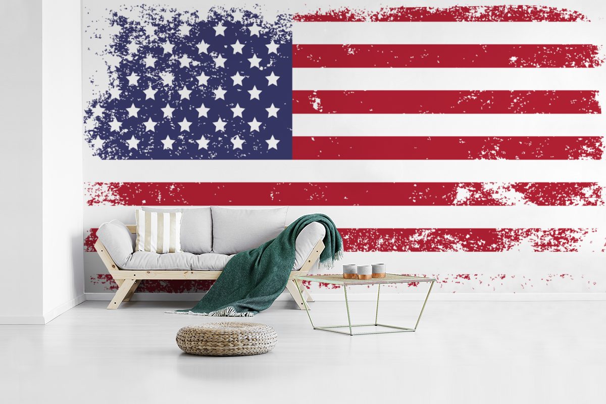 (7 MuchoWow für - Küche, Vliestapete St), Matt, Fototapete Wohnzimmer Fototapete Flagge Schlafzimmer Amerika, - bedruckt, Vintage