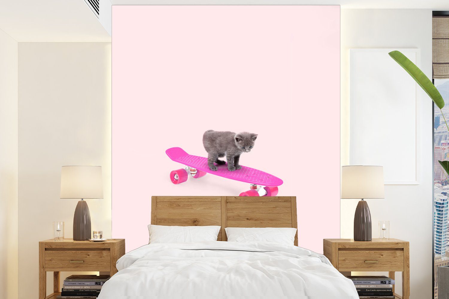 MuchoWow Fototapete Katze - Kätzchen - Tiere - Skateboard - Rosa, Matt, bedruckt, (4 St), Montagefertig Vinyl Tapete für Wohnzimmer, Wandtapete