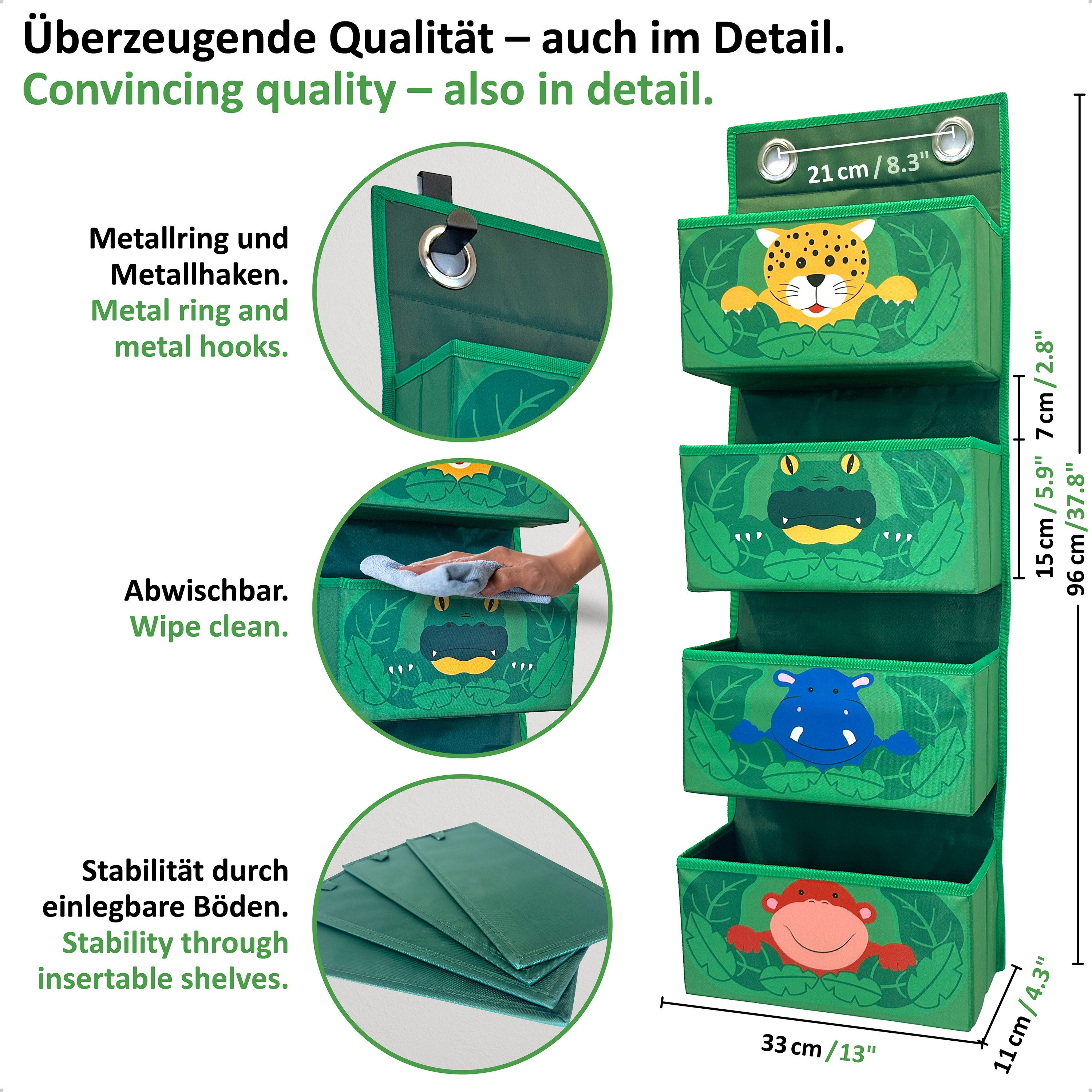 WIESEN.design Hängeaufbewahrung Hängeorganizer Kinder DSCHUNGEL mit passenden Türhaken (Wickelorganizer, Hängeregal Kinderzimmer, Kuscheltieraufbewahrung, Stofftier Aufbewahrung Kuscheltiere, Türorganizer Kinder), gratis Versand