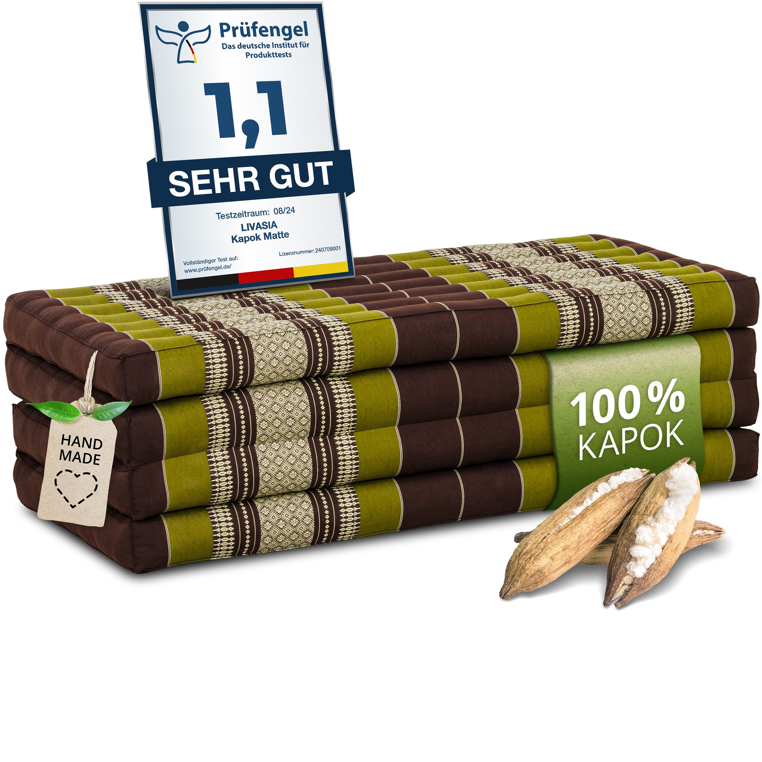 Klappmatratze Faltmatratze 110 cm breit (Classic) - 200x110x8cm -, livasia, 8 cm hoch, Kapok, vegan, handgefertigt