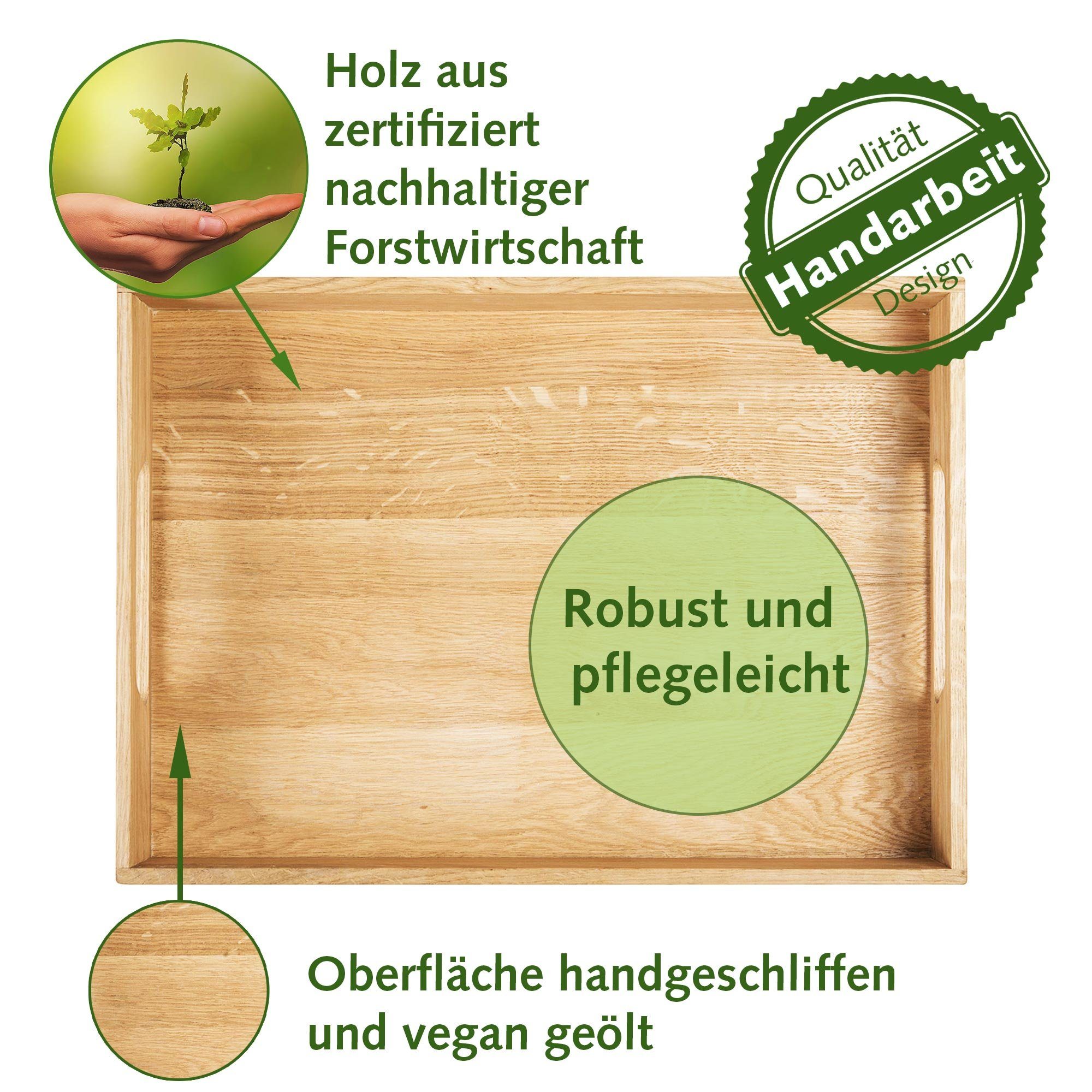 NATUREHOME Tablett Holztablett (1-tlg), Handarbeit Serviertablett Küchentablett Massivholz, cm, 50x35x7 Eichenholz