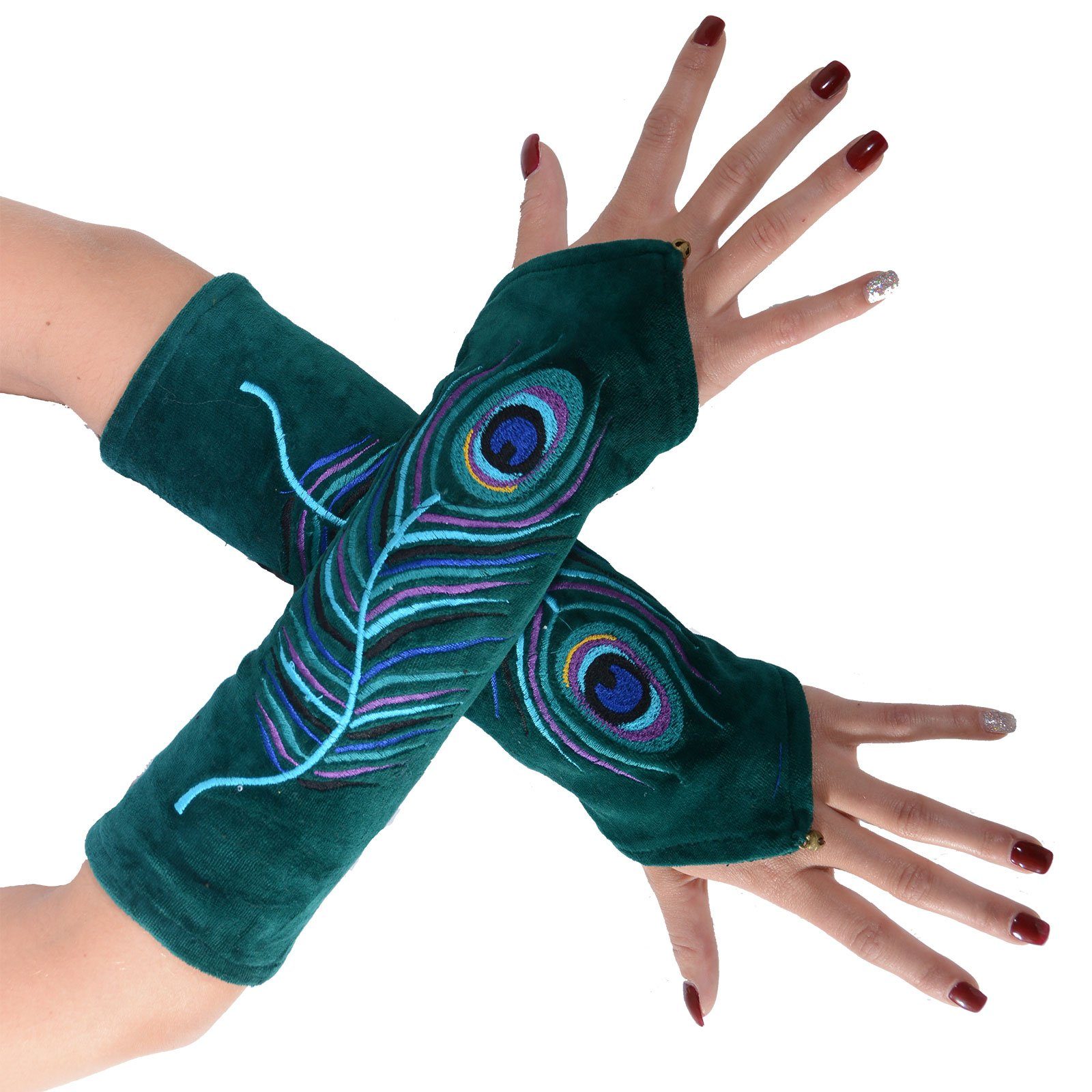 KUNST UND MAGIE Armstulpen Kunst&Magie Samt Armstulpen Handwärmer "Pfauenfeder" Handschuhe