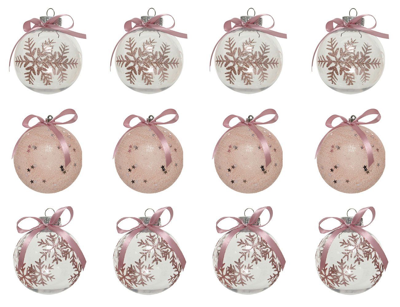 Decoris season decorations Christbaumschmuck, Weihnachtskugeln Kunststoff mit Motiv 8cm rosa transparent, 12er Set