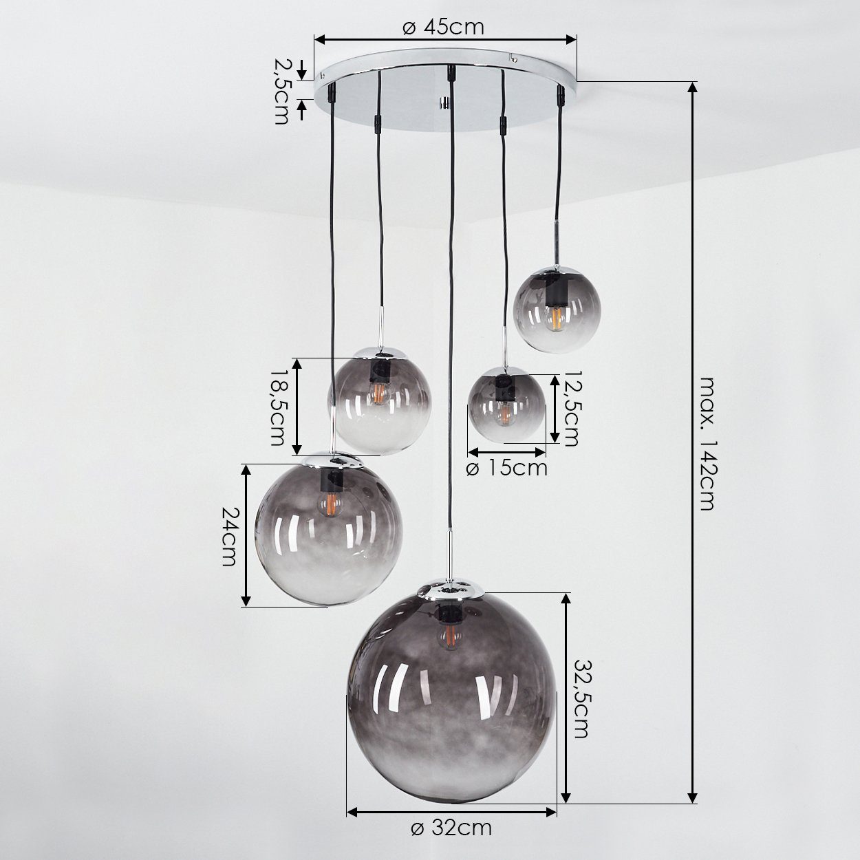 Rauchglas, runde chrom, aus Schirm Leuchtmittel, mit Metall Hängelampe in »Arola« Hängeleuchte ohne E27 hofstein