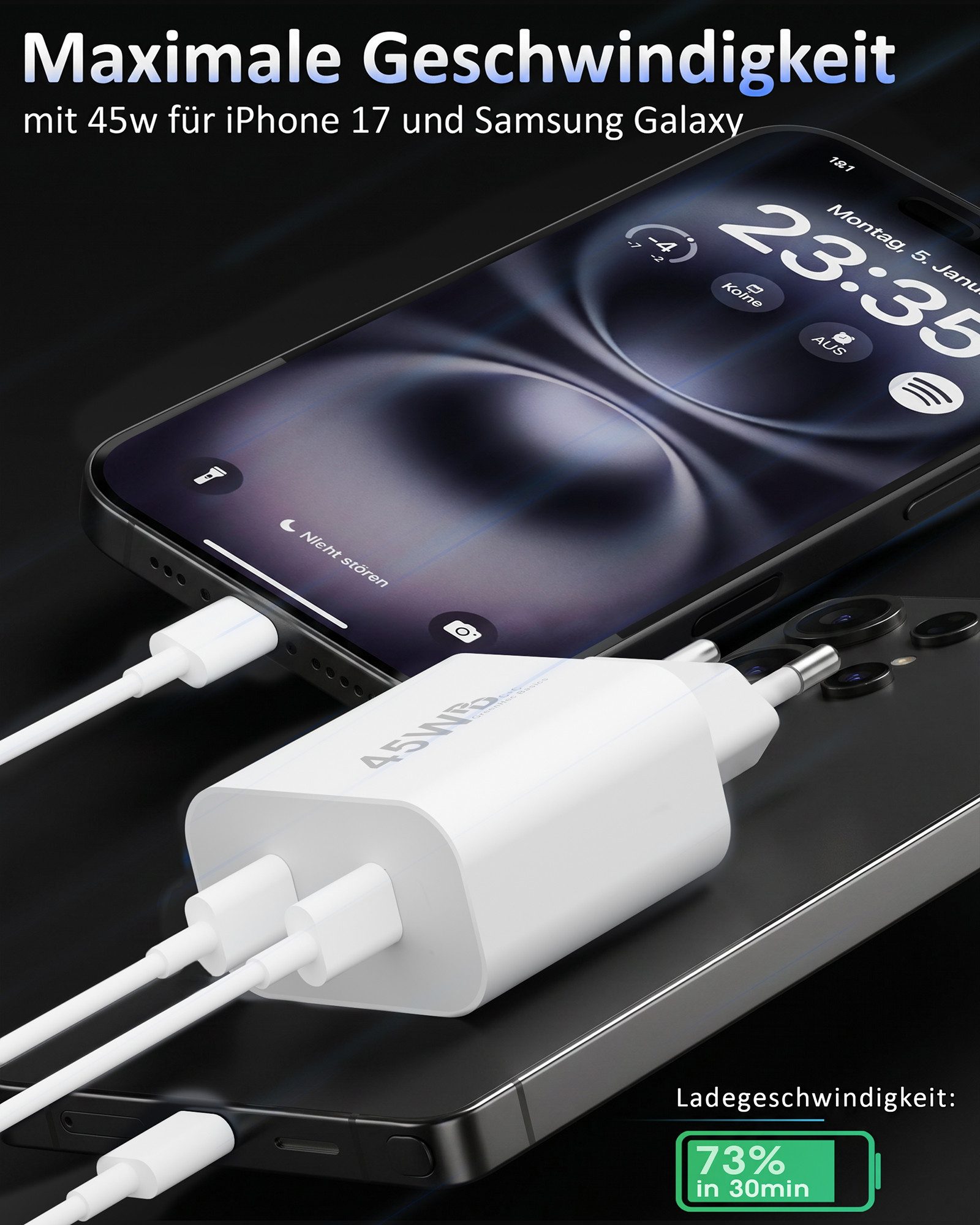 GreenHec 45w USB C Schnellladegerät für Samsung Galaxy S26 S25 S24 S23 S22 Fast Schnelllade-Gerät (50 mA, Spar-Set, 45w USB-C Dual Charger + USB-C Kabel, S26+ Ultra Schnellladekabel Ladegerät Handy Charger Netzteil Dual Port)