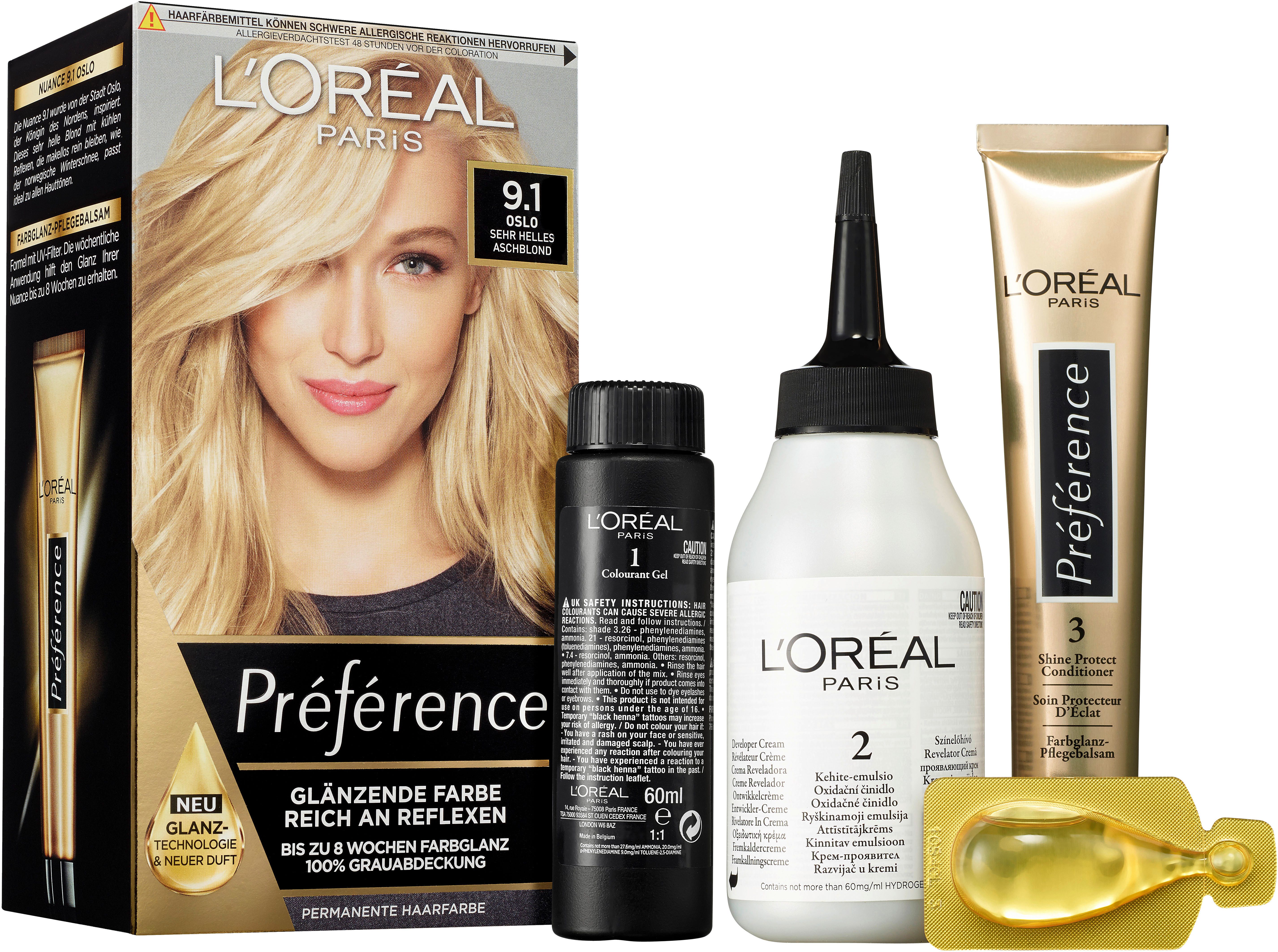 L'ORÉAL PARIS Coloration PRÉFÉRENCE HAARFARBE, Packung, 3-tlg., dauerhafte Haarcoloration mit 100% Grauabdeckung