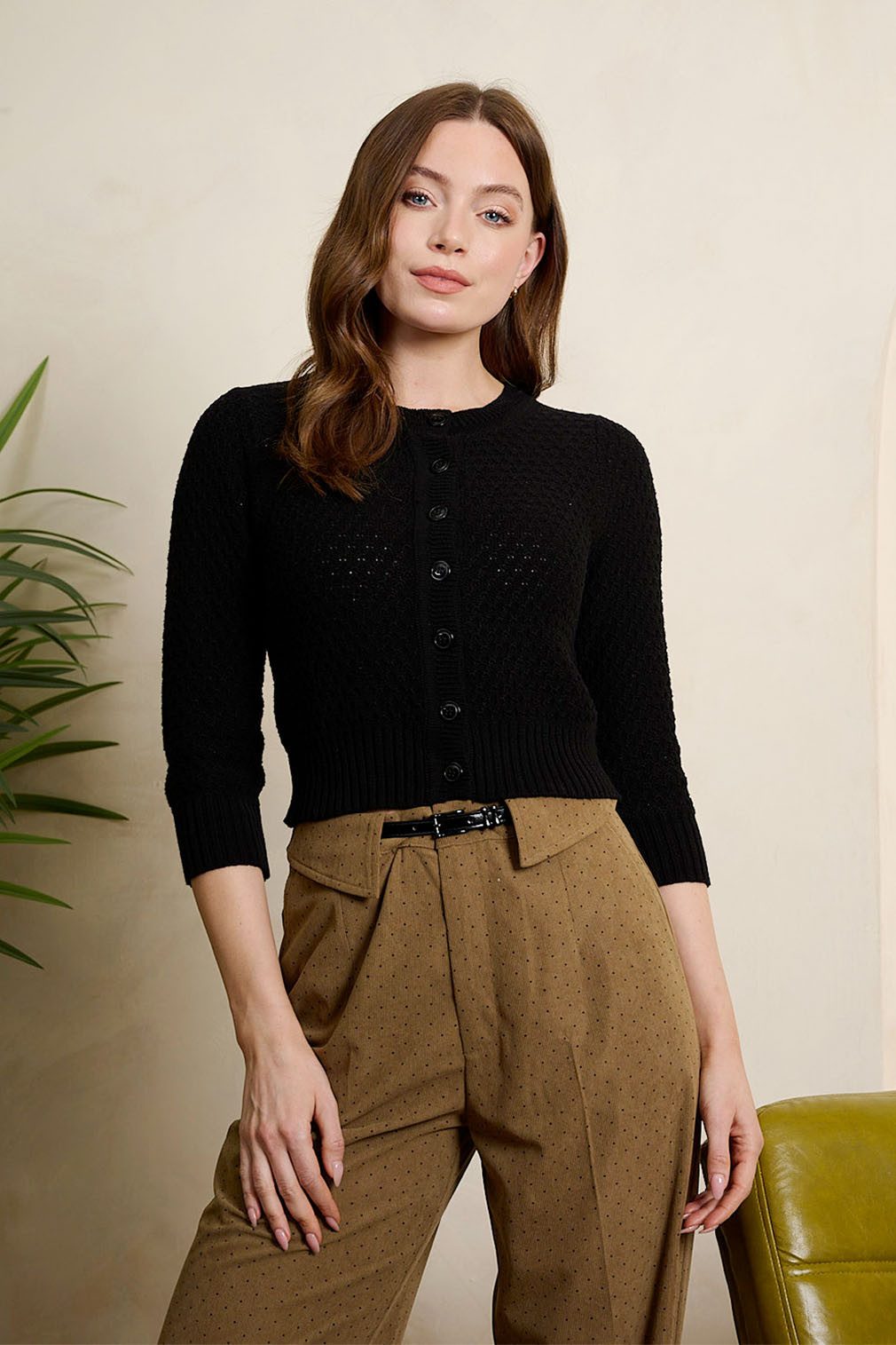 Banned Strickjacke Fara Cardigan Schwarz Vintage Wabenmuster Baumwolle