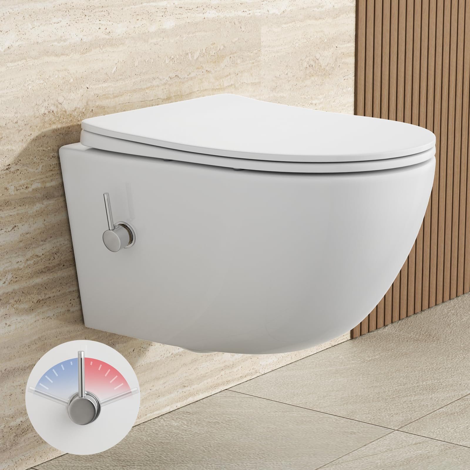 Rainsworth Tiefspül-WC Dusch WC, spülrandloses Hänge-WC, wandhängend, 360° Einloch Spülung Wand WC mit Soft-Close, Weiß