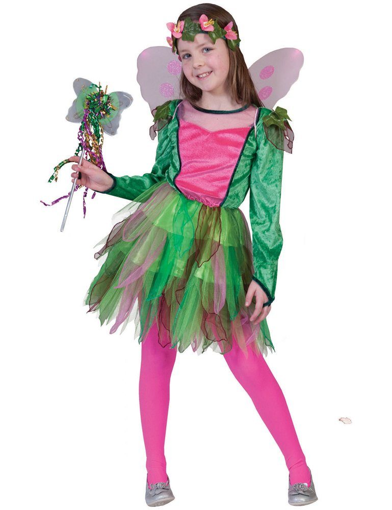 Funny Fashion Feen-Kostüm "Nina" Kinderkostüm, Märchen Elfenkleid mit Blumenkranz - Grün Rosa