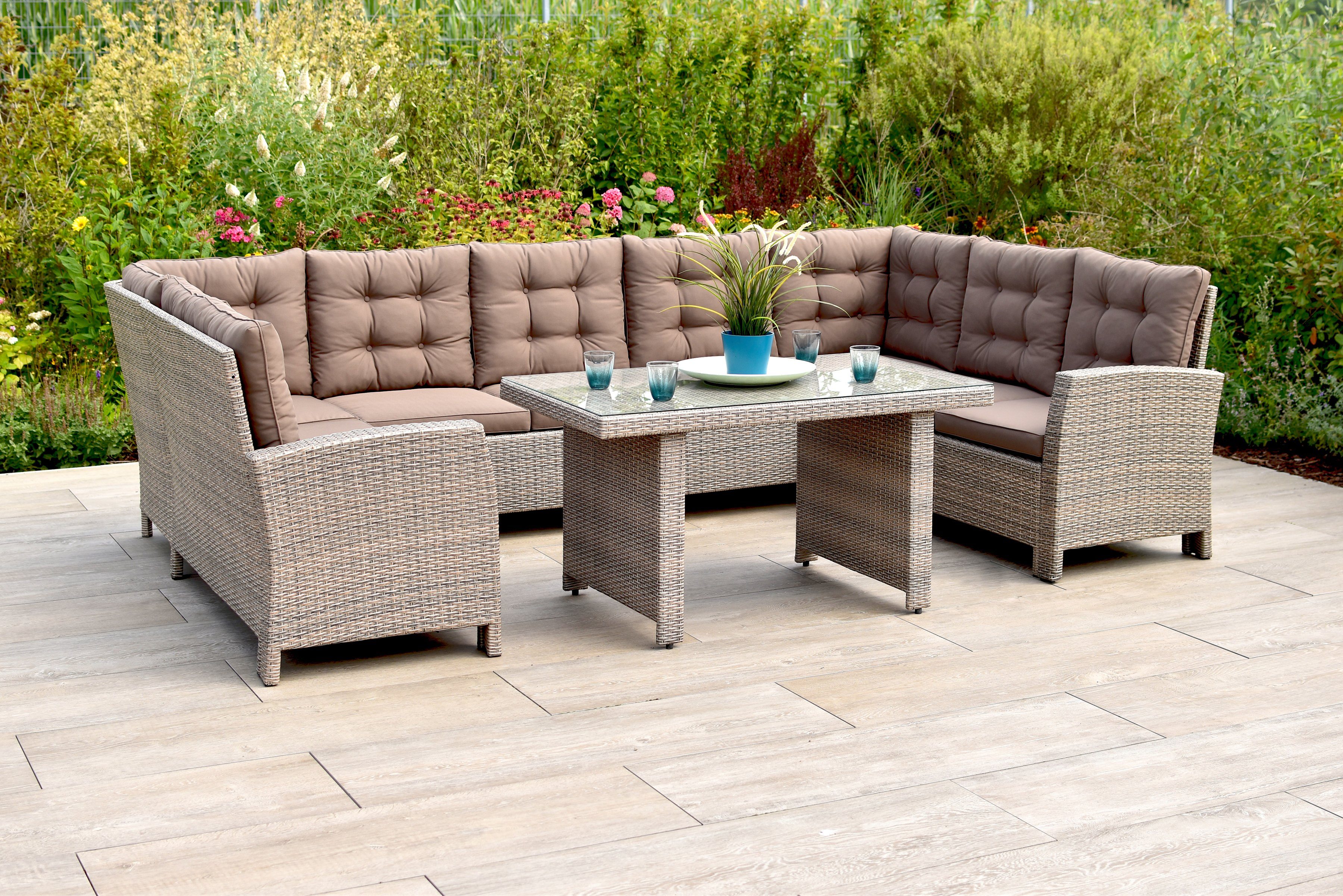 MERXX Garten-Essgruppe Sarentino, (Set, 20-tlg), Doppeleckbank, 8  Sitzkissen, 10 Rückenkissen, Tisch | Gartenlounge-Sets