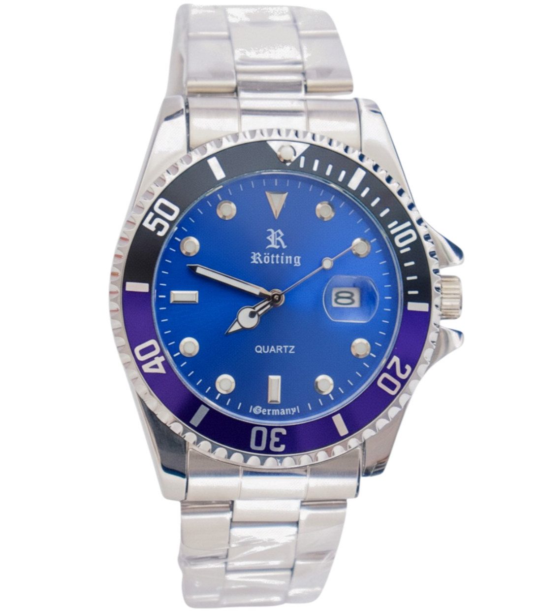 Rötting Design Quarzuhr Herrenuhr Armbanduhr Männeruhr Edelstahl blaues Ziffernblatt, (inkl. Uhrenschatulle auch zum Verschenken geeigent), drehbare Lünette, Datumsanzeige