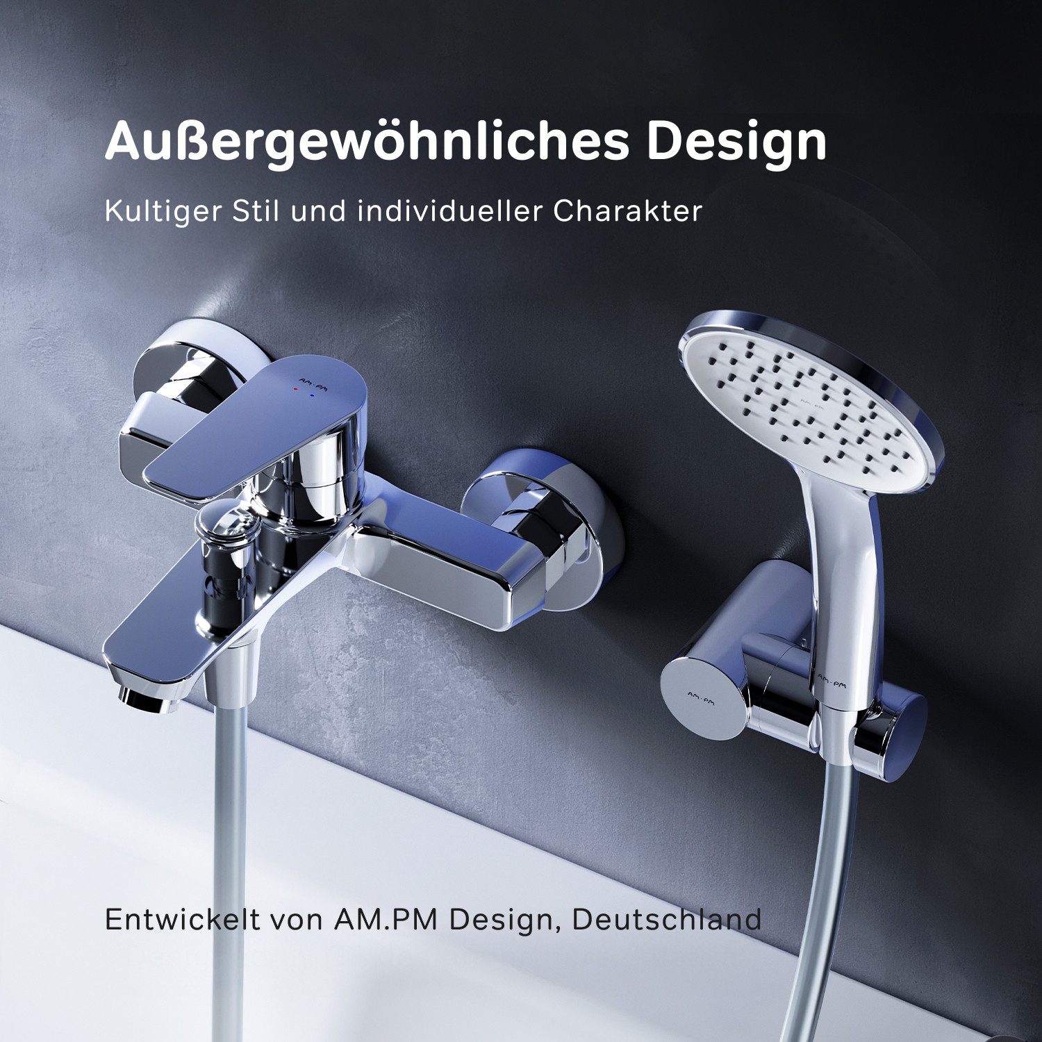 AM.PM Wannenarmatur Badewannenarmatur HIT mit Handbrause und Wandhalterung Chrom Silber (Badarmatur- Dusche-Set für die Badewanne, Einhebelmischer mit Wannenauslauf & Duschschlauch & Brause & Halter) Bad-Armatur mit Duschbrause und Halterung