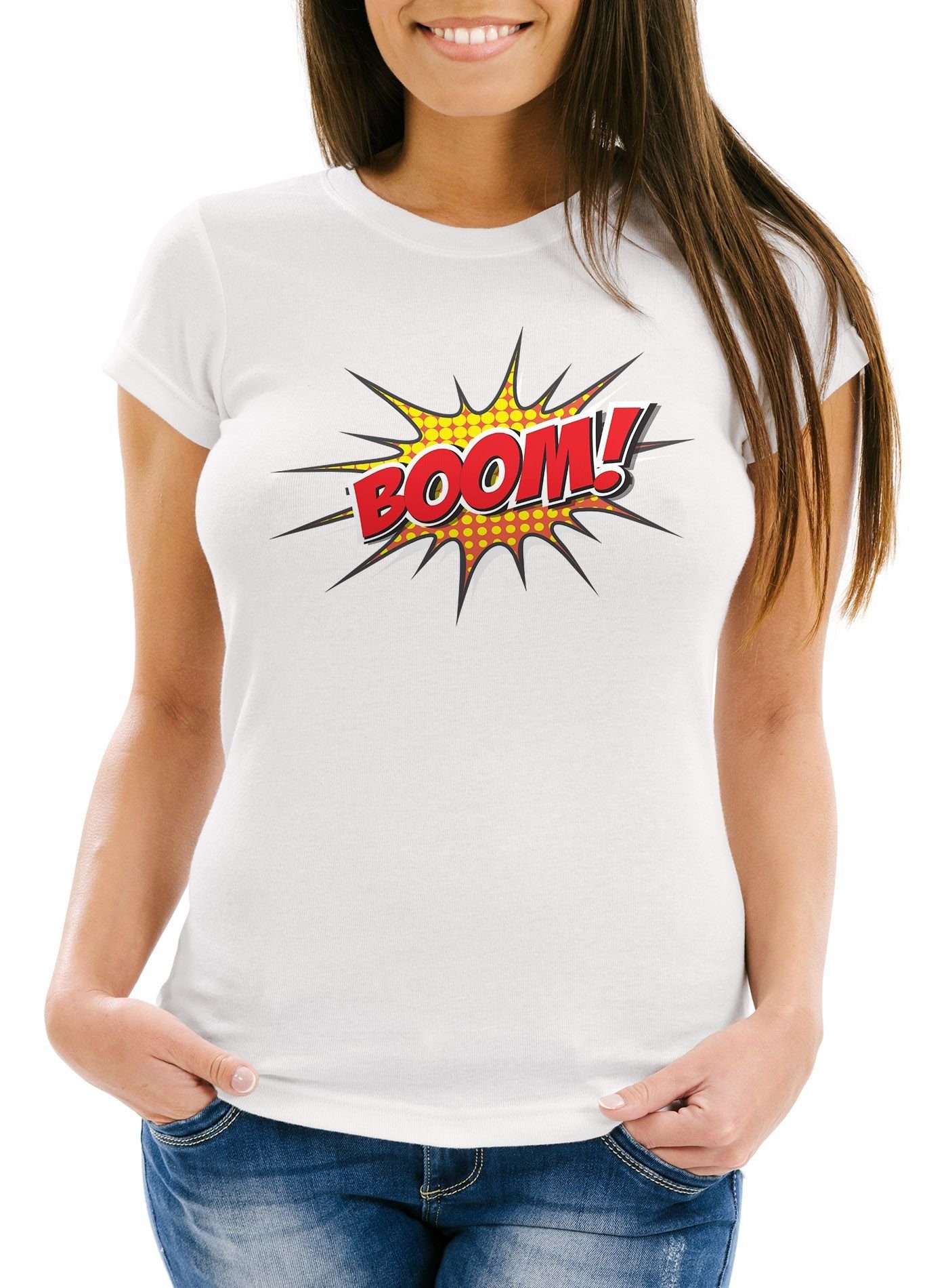 MoonWorks Print-Shirt Damen T-Shirt Comic Boom Slim Fit Moonworks® mit Prin günstig online kaufen
