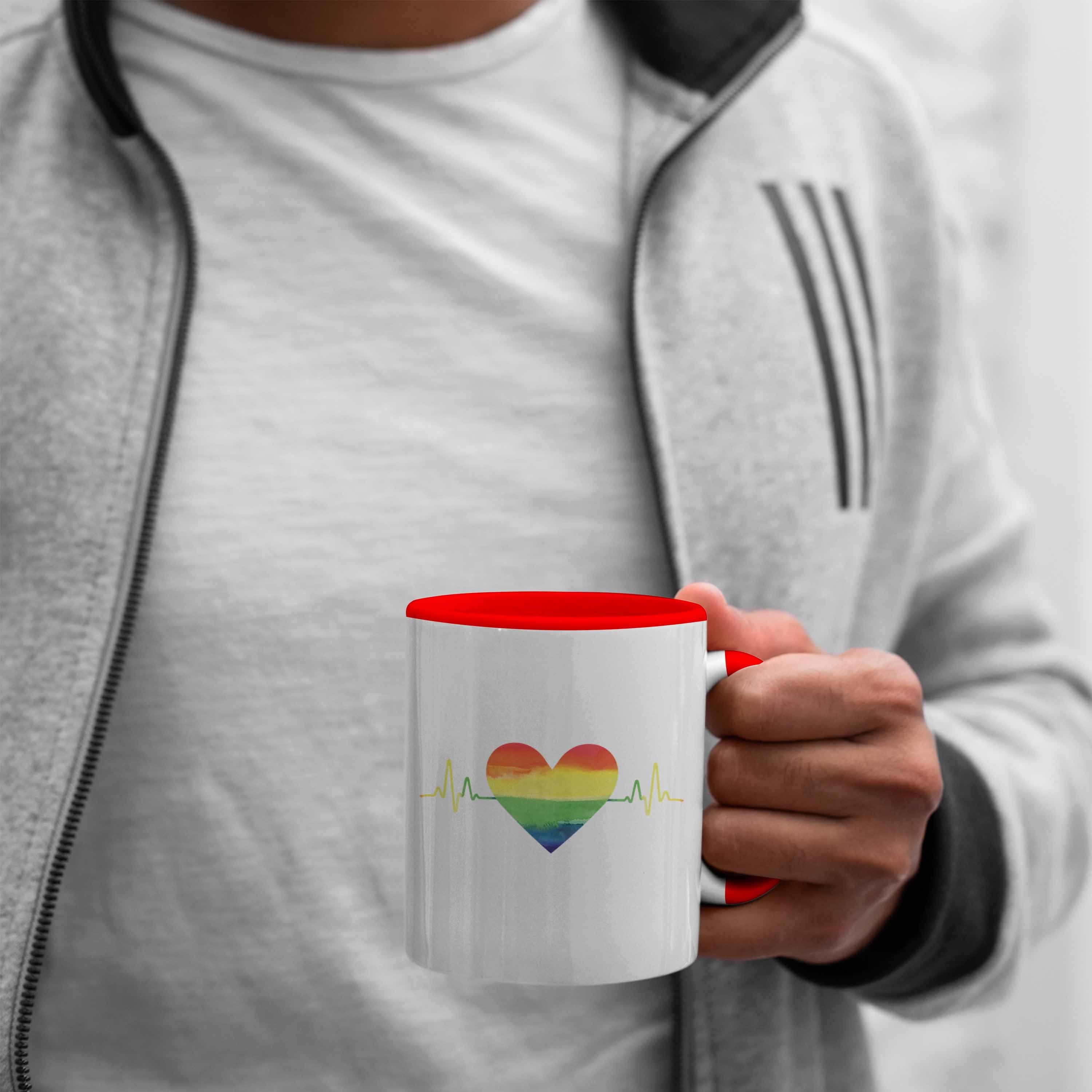 Trendation Tasse Trendation - Rot Tasse Herzschlag LGBT Schwule Regenbogen Lesben Geschenk Pride Grafik Transgender