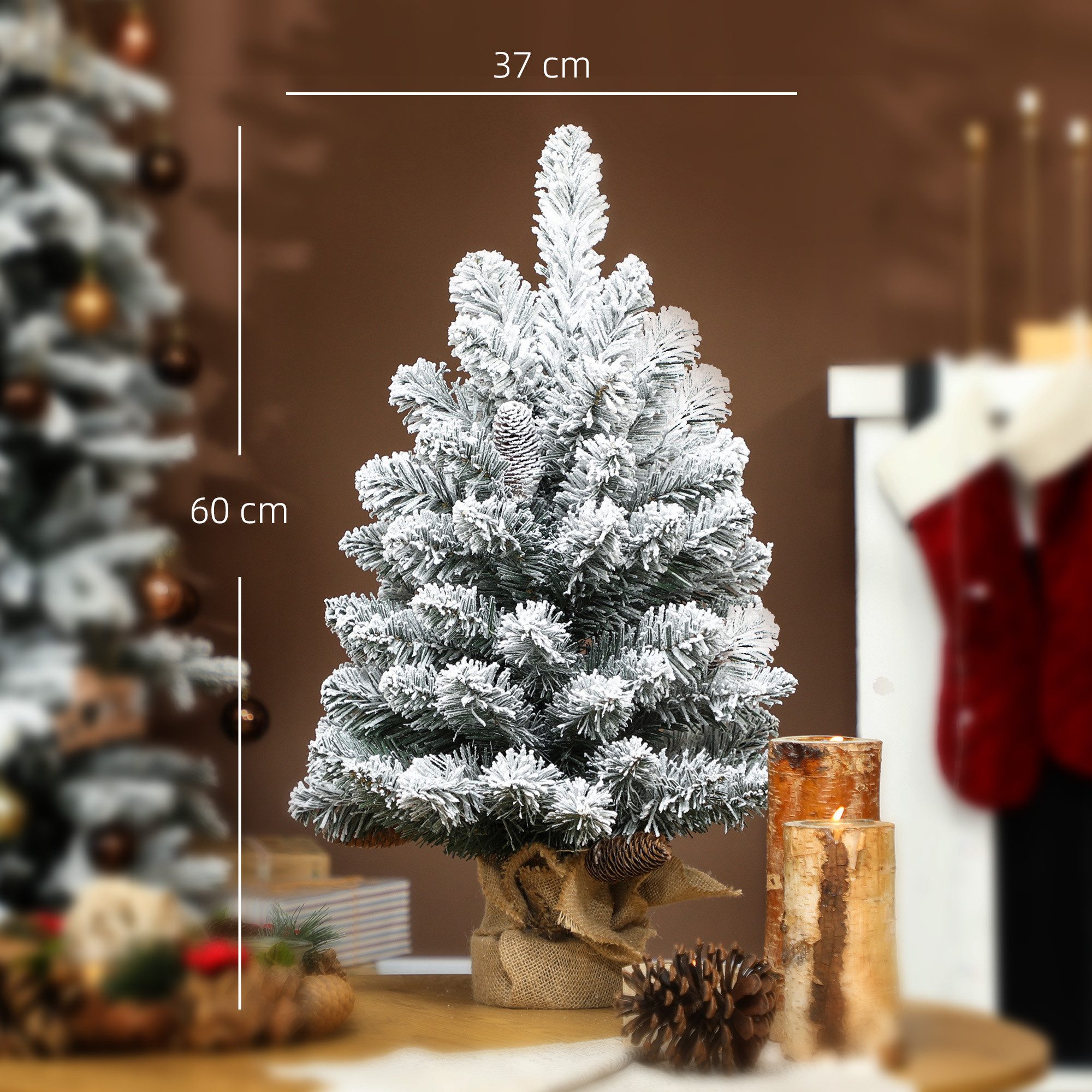 HOMCOM Künstlicher Weihnachtsbaum Mini 60 cm künstlich mit Schnee, Christbaum Weihnachtsdeko, Tannebaum, Realistisches Aussehen, Grün+Weiß