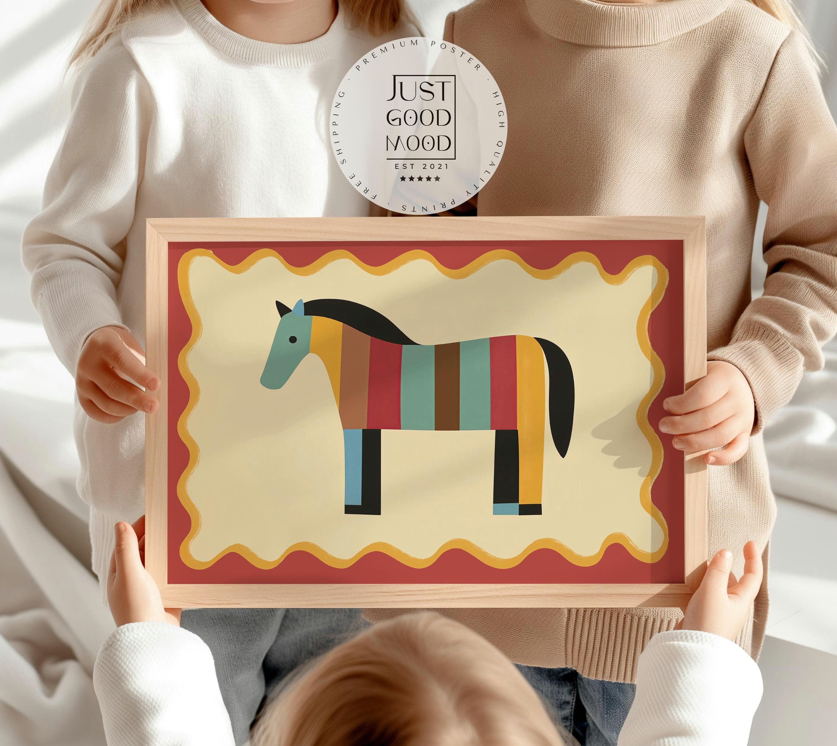 JUSTGOODMOOD Poster Kinderzimmer Pferd Bunt gestreiftes Pferd Farbenfrohe Deko für Mädchen, (1 St)
