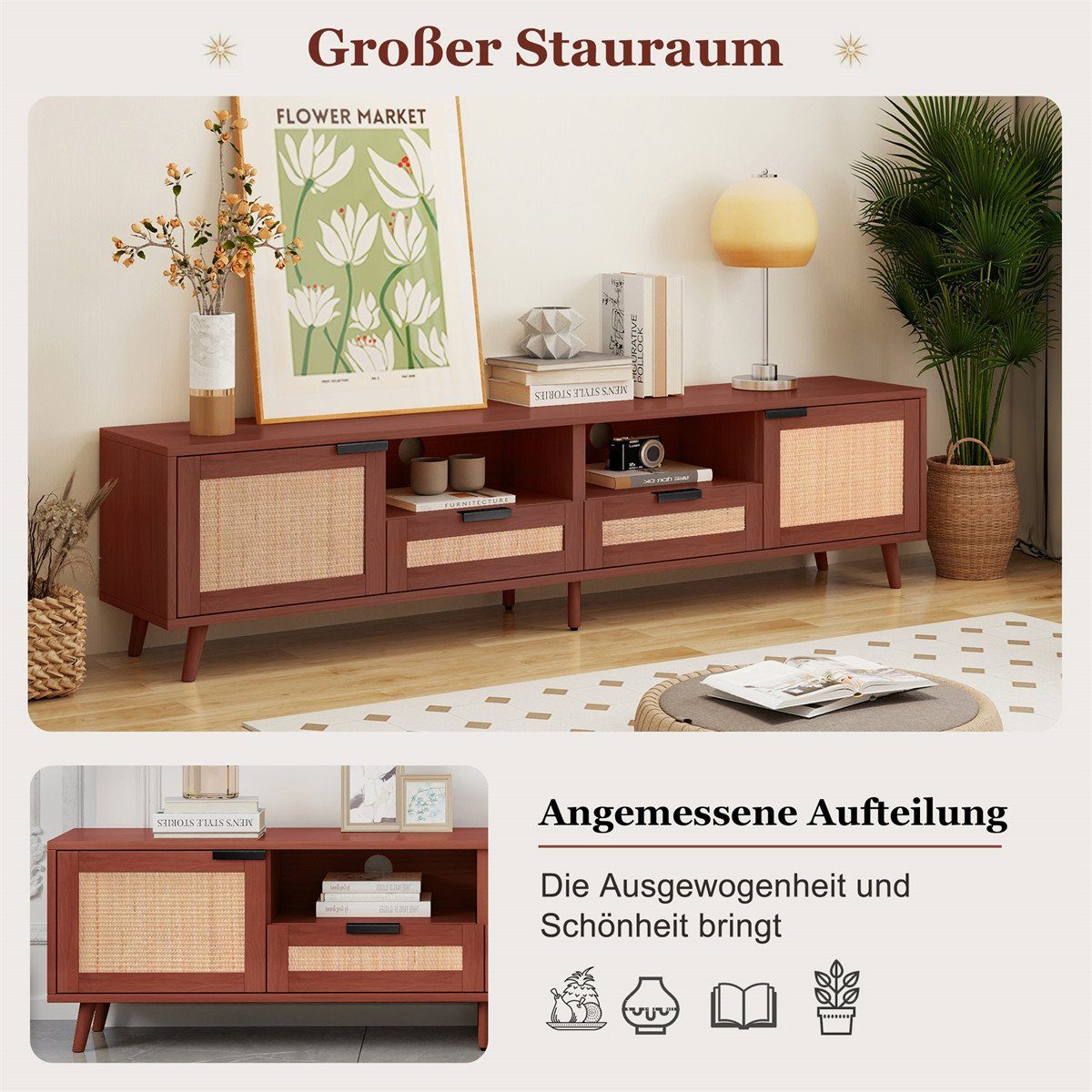 XDeer Rattandesign TV-Schränke,Holz-TV-Schrank(Braun,200*37*49cm) Echtholzfüßen Stabiler TV-Schrank Hochwertiger und TV-Ständer,mit