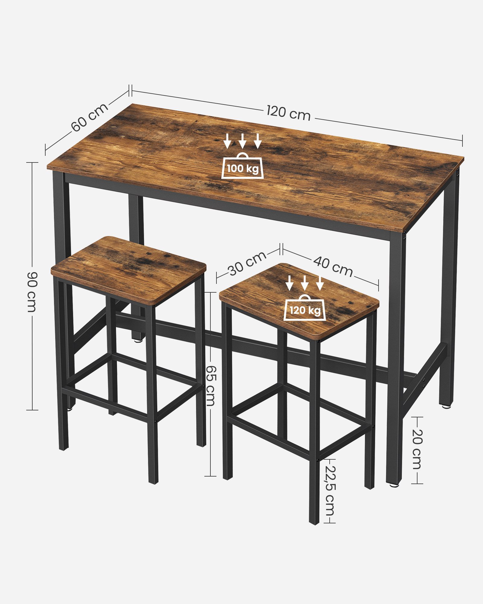 VASAGLE Bartisch Esstisch, Küchentisch-Set, Bartisch-Set, 120 x 60 x 90 cm, für Küche, mit 2 Stühlen, Küchentresen, Industrie-Design, dunkelbraun-vintage