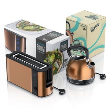 Arendo Frühstücks-Set (2-tlg), Edelstahl Wasserkocher 1,7l & 2 Scheiben Langschlitztoaster, Kupfer