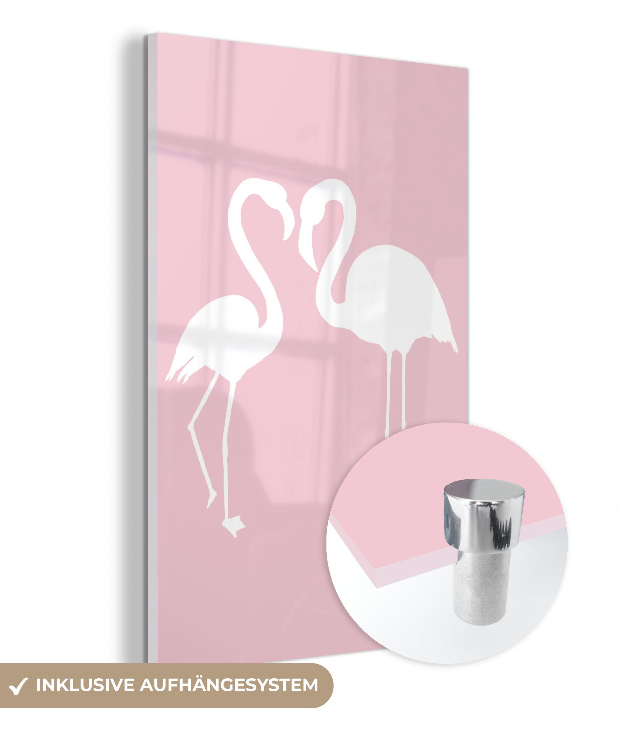 MuchoWow Acrylglasbild Rosa - Herz - Flamingo, (1 St), Glasbilder - Bilder auf Glas Wandbild - Foto auf Glas - Wanddekoration bunt