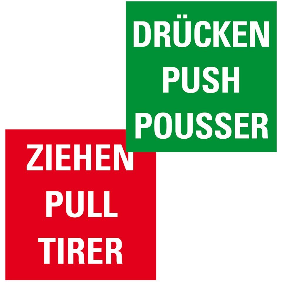 König Werbeanlagen Hinweisschild Drücken/Ziehen, dreisprachig