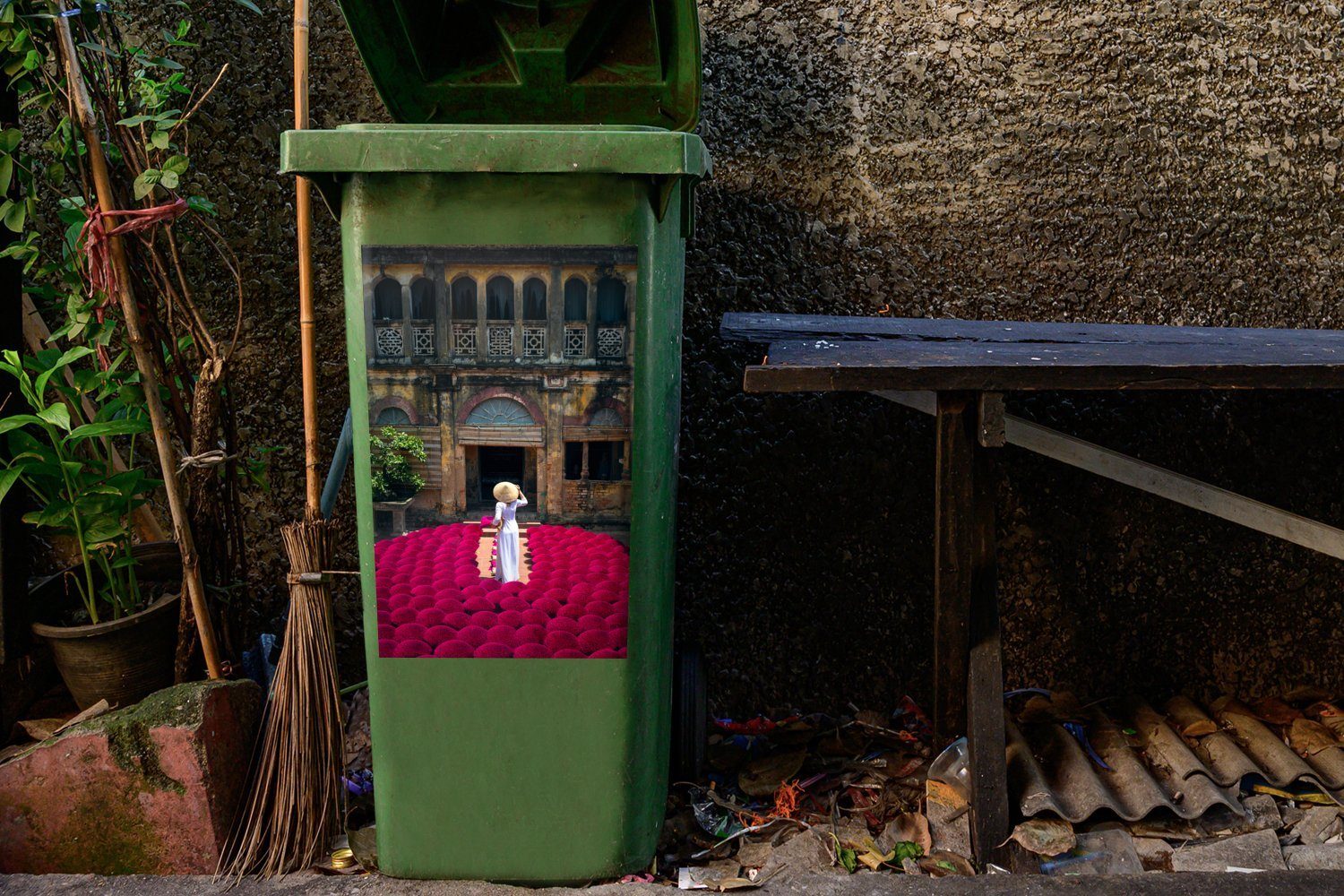 (1 Mülltonne, Abfalbehälter Weihrauch Sticker, St), Vietnamesischer Wandsticker im Garten Mülleimer-aufkleber, Container, MuchoWow
