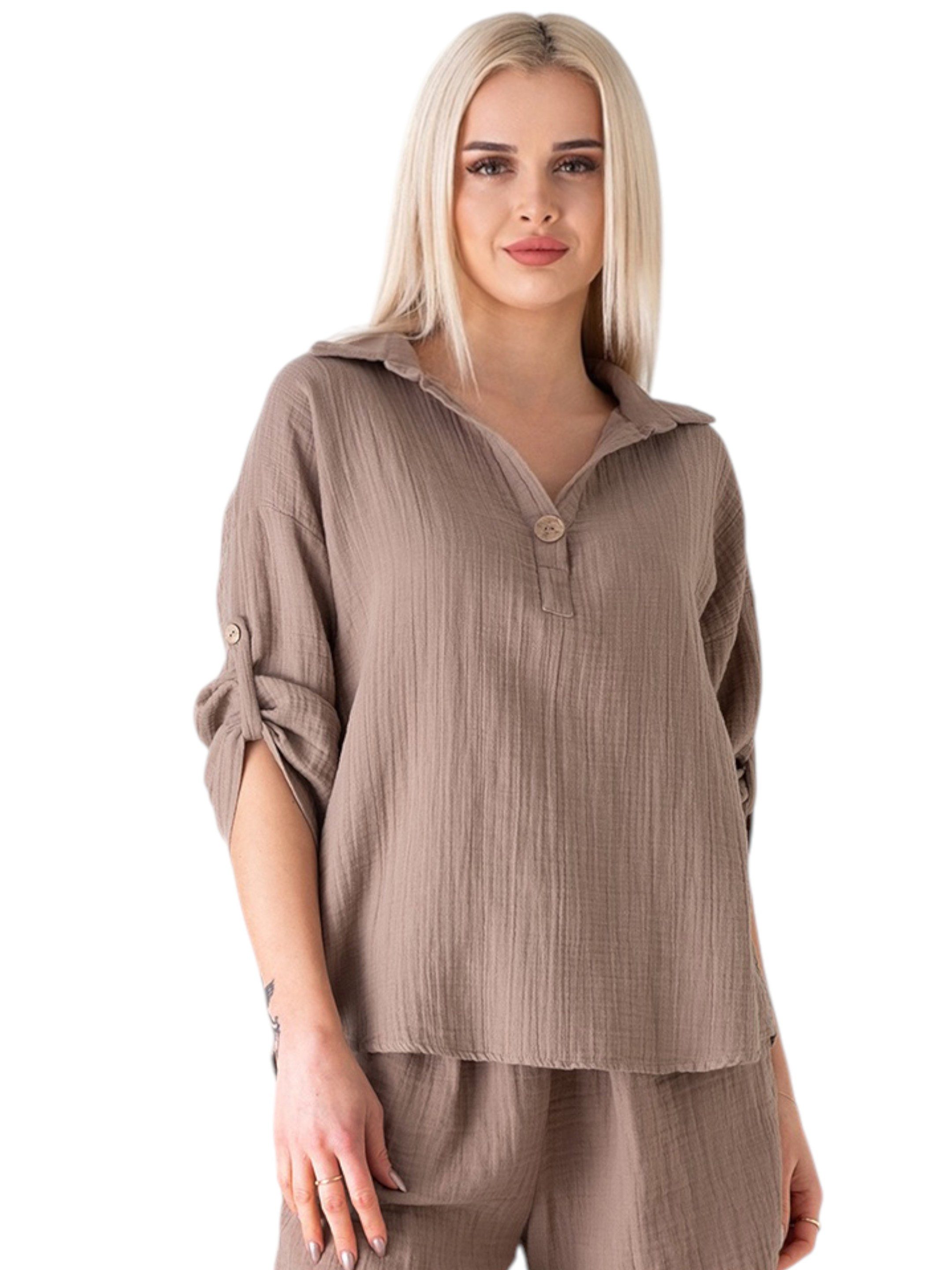 WENOR Schlupfbluse Damen Musselin 100% Baumwolle – Oversize Sommerbluse One Size mit Kokosknopf, Krempelärmel & Seitentaschen – Naturmaterial