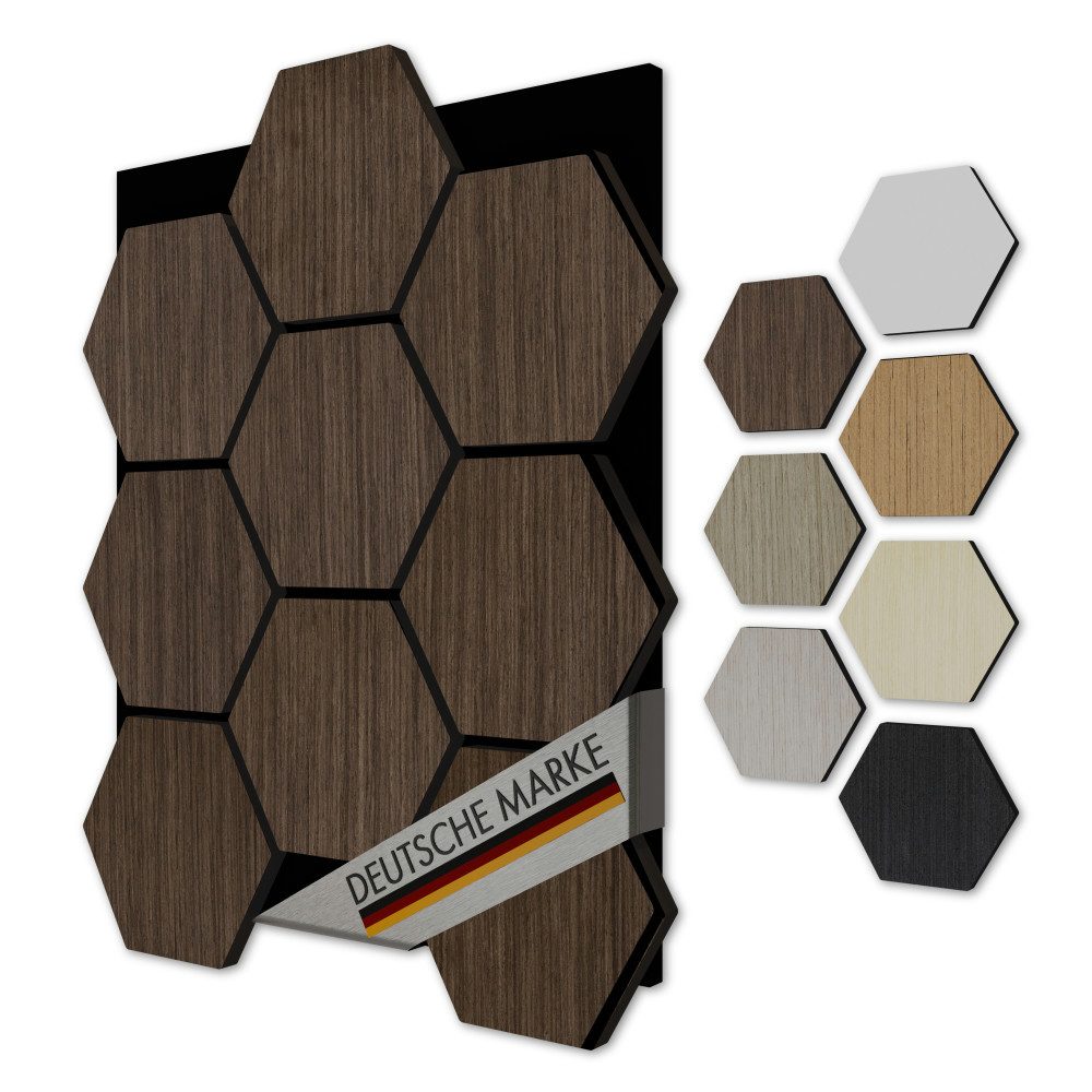 AKUSTIKO 3D Wandpaneel, BxL: 69.3x56.7 cm, (Hexagon 3D Wandpaneele 3 Stück 567x693mm - Filz Akustikpaneele & MDF Träger Technisches Furnier Holzoptik Waben Wandverkleidung & Wanddekoration Premium Wanddesign - Walnut Black)