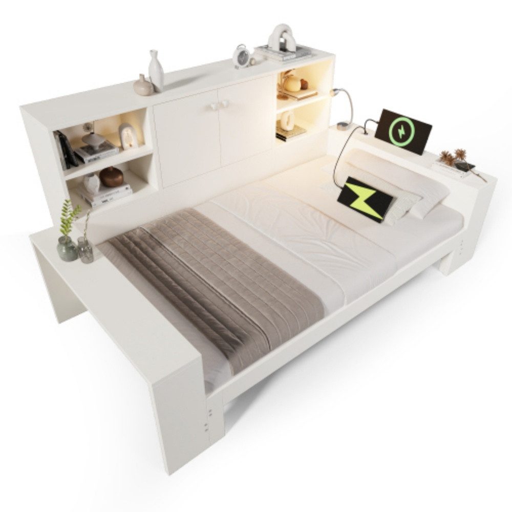 autolock Bett Stauraumbett Tagesbett mit Ausziehbett, Holz-Bett mit Doppeltüren, & USB/USB-C Anschlüssen (ohne Matratze) 90x200 cm