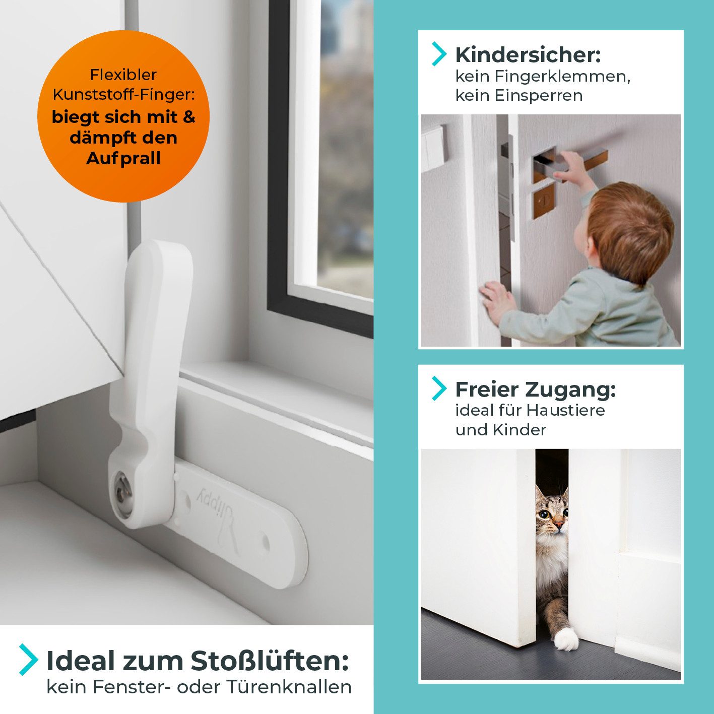 Vlippy Fensterstopper & Türstopper, 2 Stück, Verhindert das Zuschlagen von Fenstern & Türen, (2-tlg)