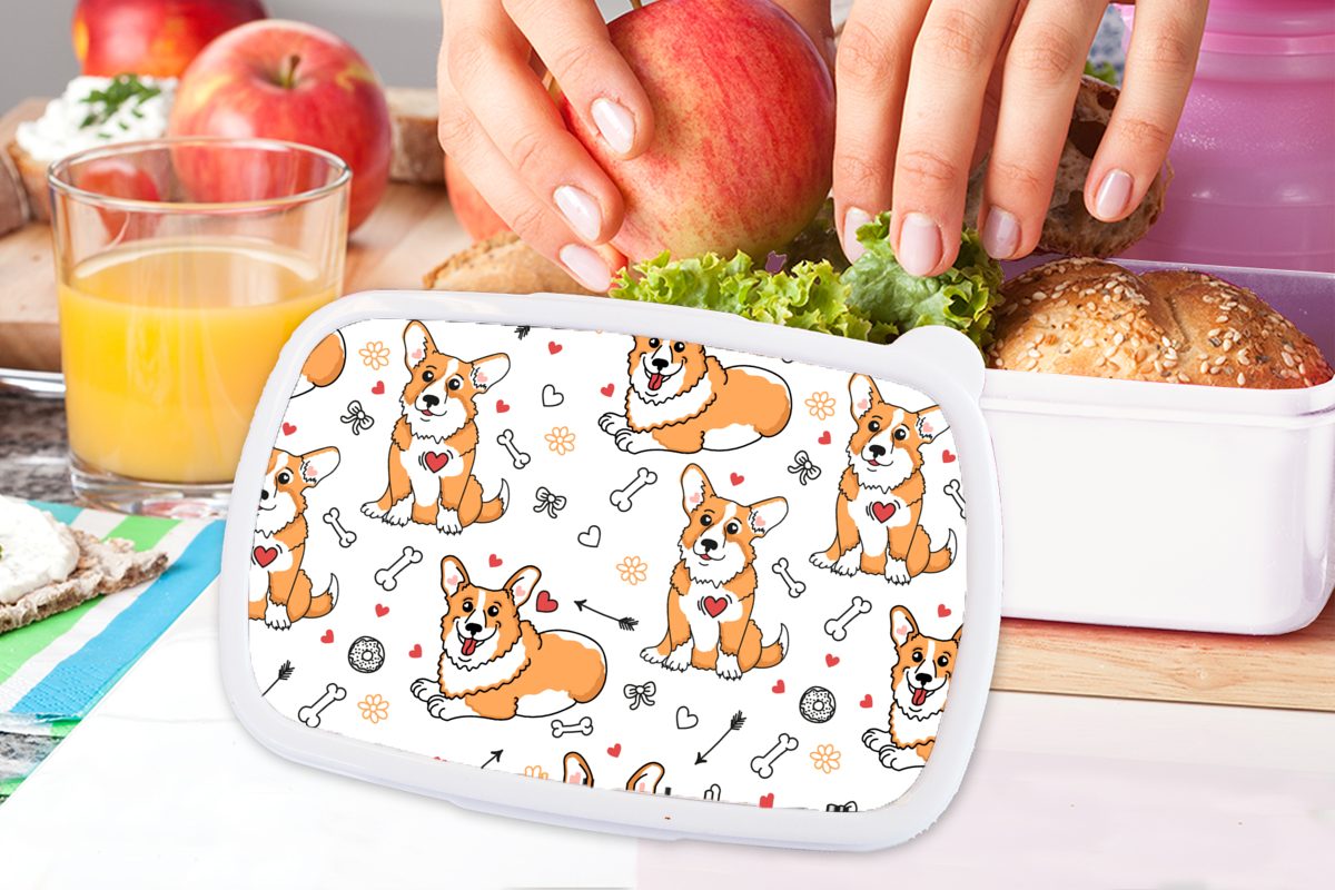 für für - Corgi Hund Lunchbox und - (2-tlg), Muster, MuchoWow Erwachsene, Kinder Jungs Kunststoff, Brotdose, Brotbox und Mädchen weiß