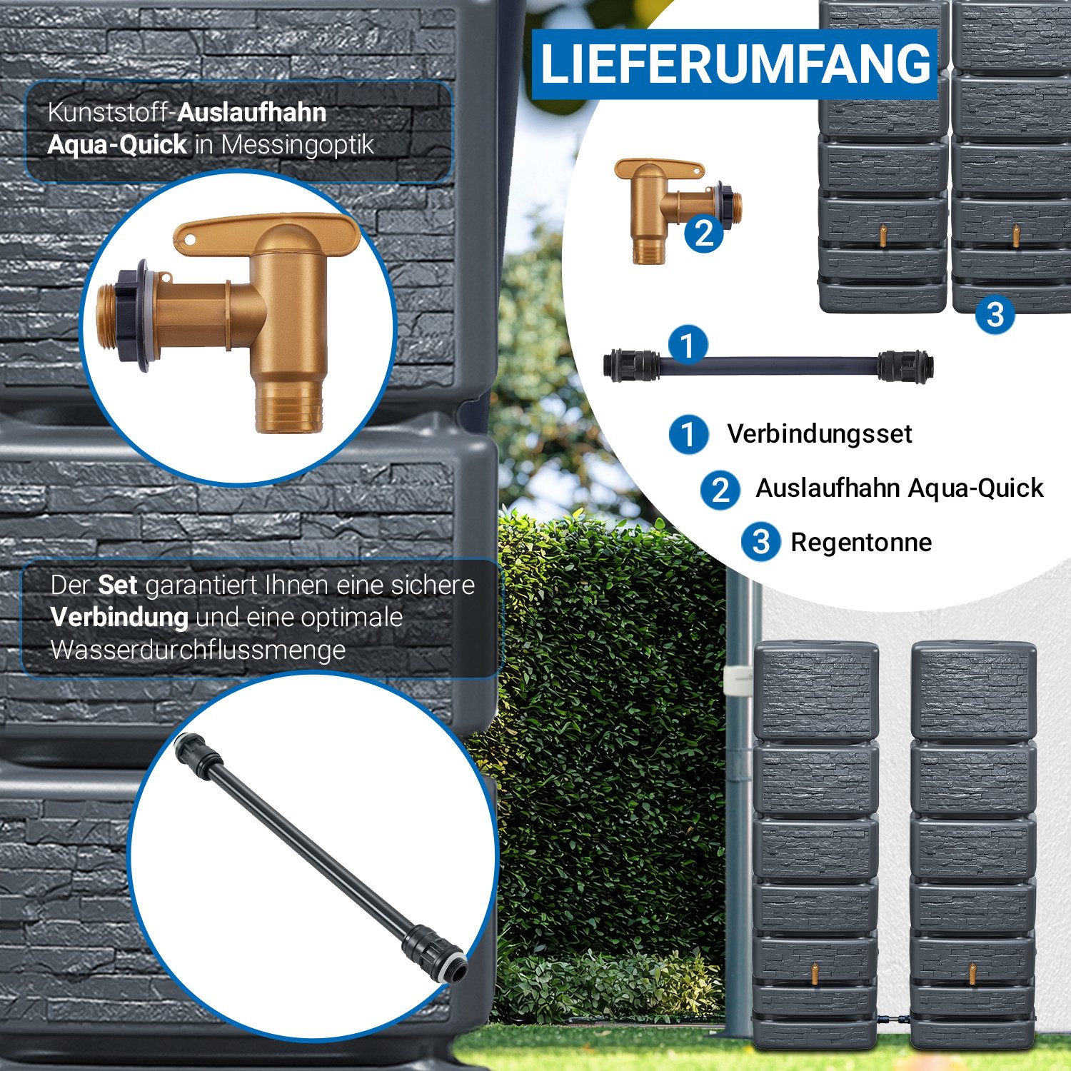 4rain Regentonne SLIM STONE DECOR Wandtank-Set 700 L graphite grey, 700 l – Bild 4 von 5