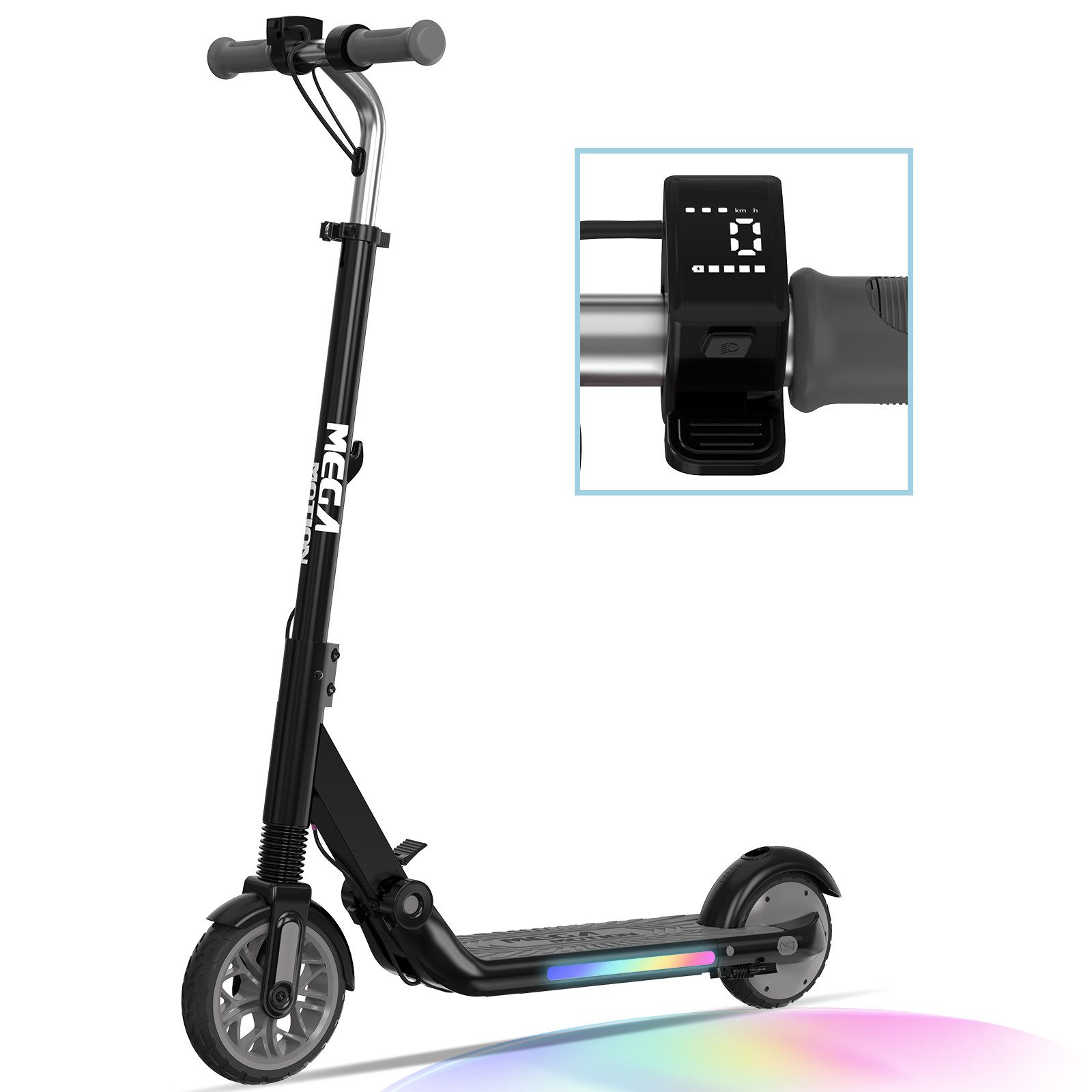 Mega Motion Elektro-Kinderroller ME1 E Scooter für Kinder, Max. 16km/h bis zu 8km, faltbar, mit Bunte Lichter, Display für 6-12 Jahren