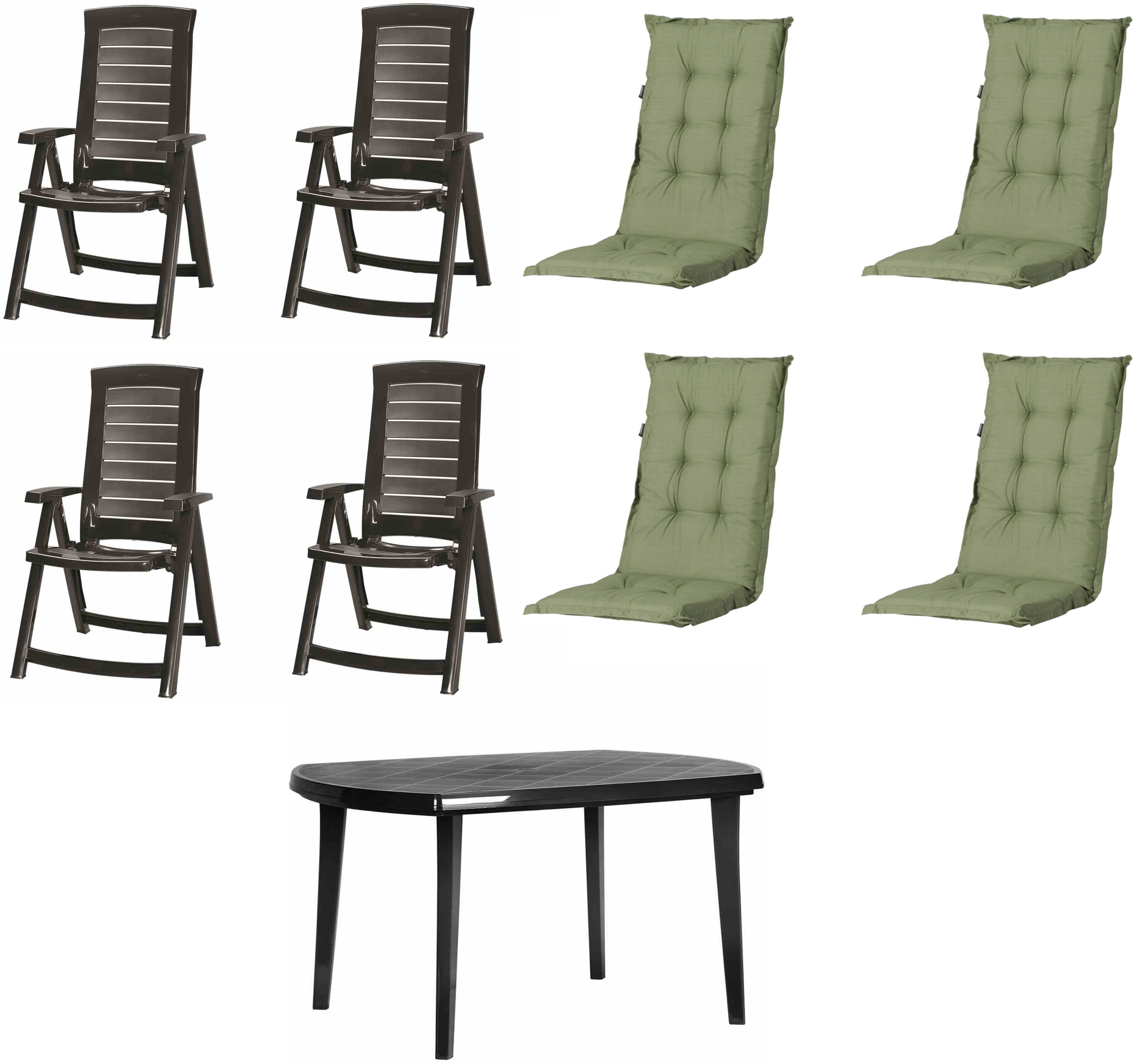 Jardin Garten-Essgruppe Aruba + Elise, (Set, 9-tlg), 4 x Klappsessel graphit, 1 x Tisch graphit, 4 x Auflage grün